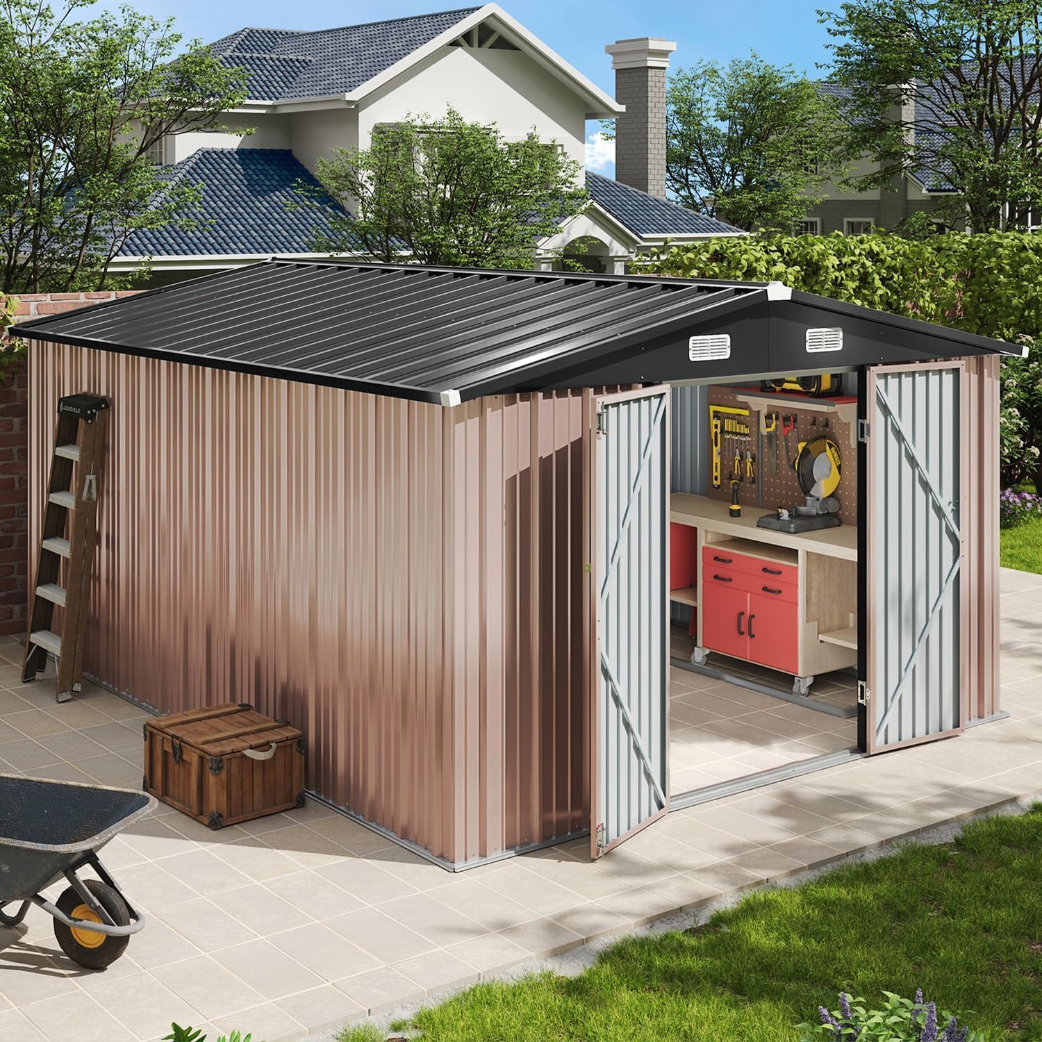 Aoxun 10'x12' Outdoor Metal Storage Shed with Lockable Door & Sloping Roof- Ideal for Tools, Garden Equipment & Bikes, Perfect for Patio Placement(Brown)