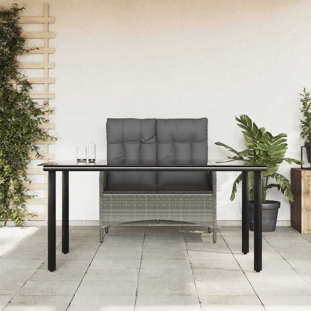 2 Piece Patio Dining Set with Cushions Gray Poly Rattan,AllWeather Garden Dining Set: Rattan Bench with Adjustable Backrest, Tempered Glass Table, and Cushions Furniture Sets for Patio, Lawn & Garden