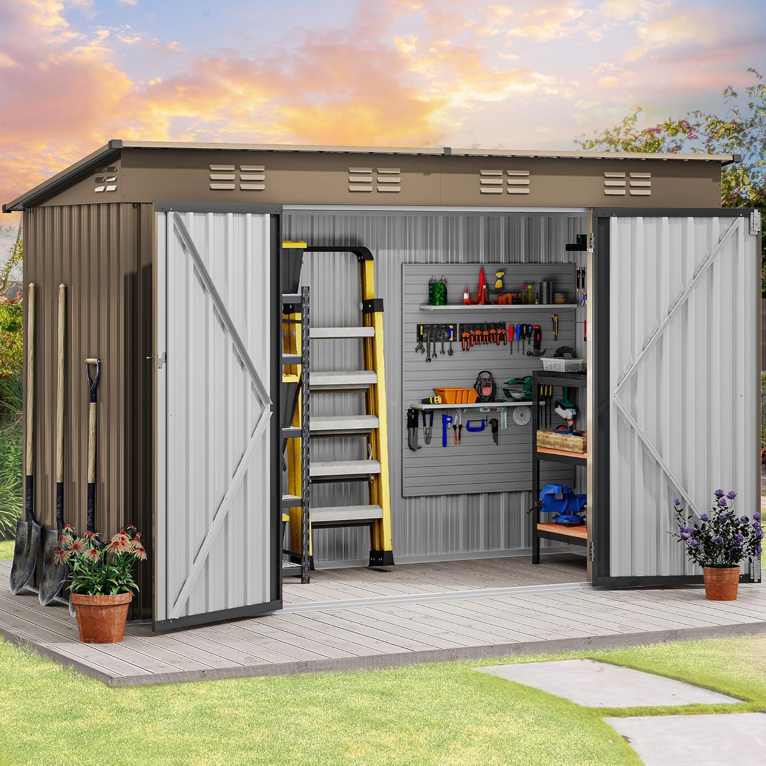 DWVO 9.1' x 4.2' Outdoor Storage Shed, Large Metal Tool Sheds, Heavy Duty Storage House with Lockable Doors & Air Vent for Backyard Patio Lawn to Store Bikes, Tools, Lawnmowers,Brown