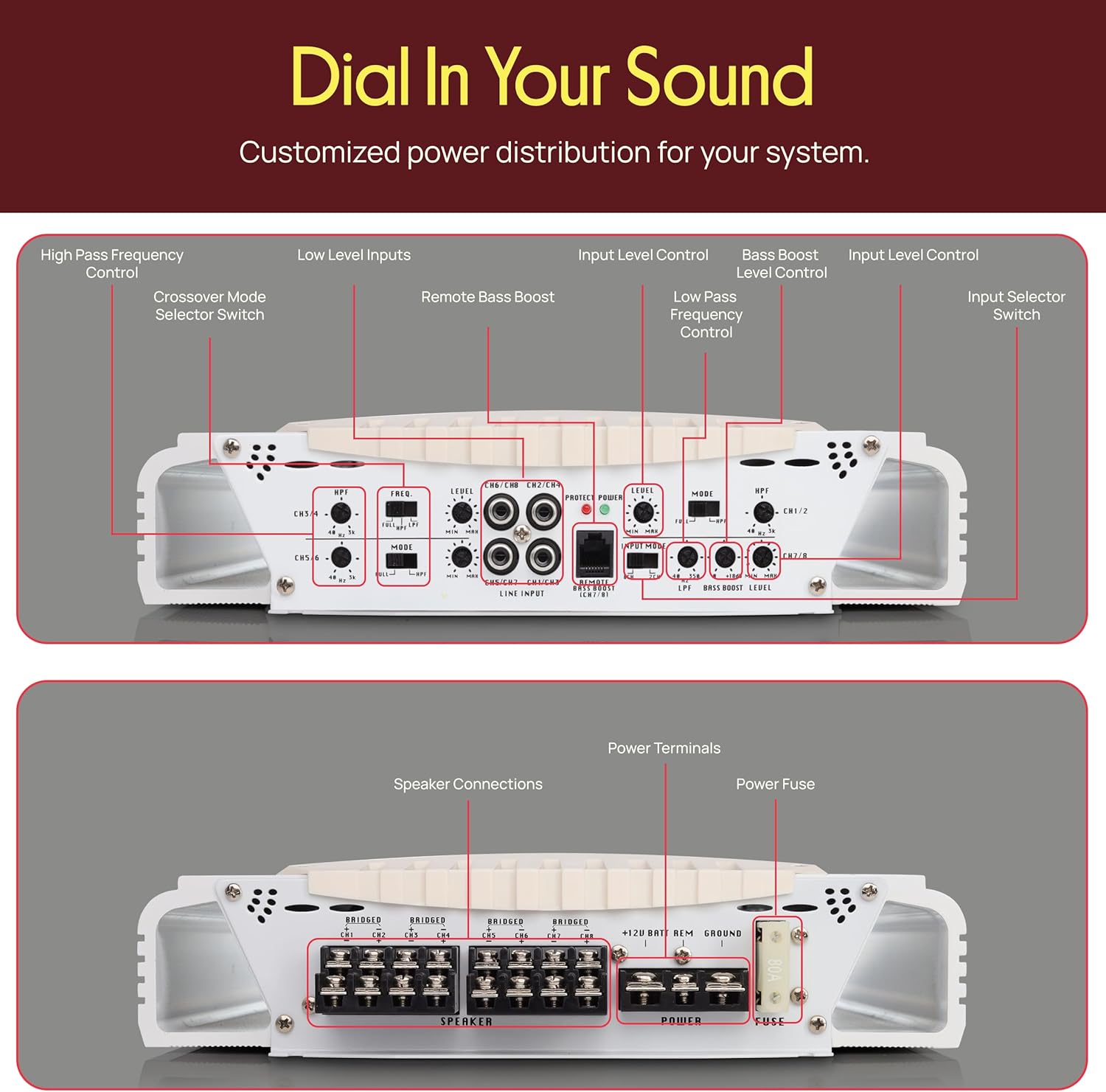 Pyle Hydra Marine Amplifier - Upgraded Elite Series 3000 Watt 8 Channel Bridgeable Amp Tri-Mode Configurable, Waterproof, MOSFET Power Supply, GAIN Level Controls and RCA Stereo Input - PLMRA820