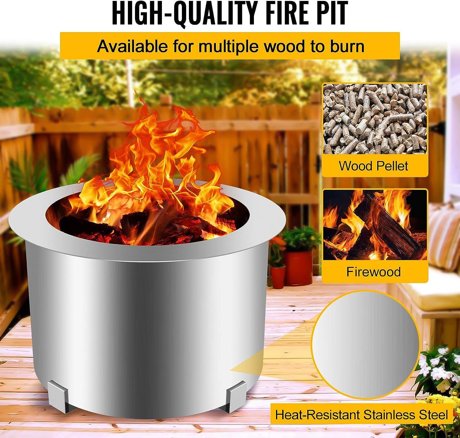 Smokeless Patio Fire Pit, Wood Burning Outdoor Fire Pit - Includes Wood Pack, Modern Design with Removable Ash Pan, 21.5-28.5 Inches, Black,Silver,21.5 Inch