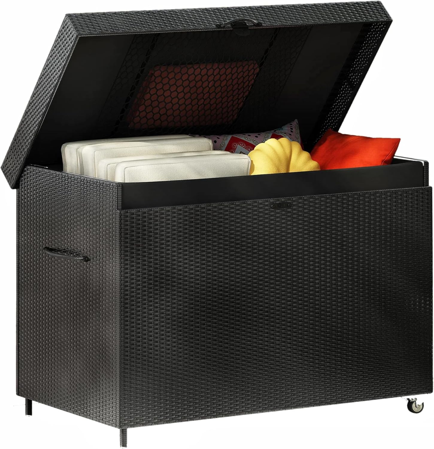 230 Gallon Wicker Deck Box - Waterproof Outside Storage Box with Wheels - Outdoor Bench for Indoor & Outdoor Use, Storage Bin for Patio Furniture, Pool Storage and Garden Tools - Black