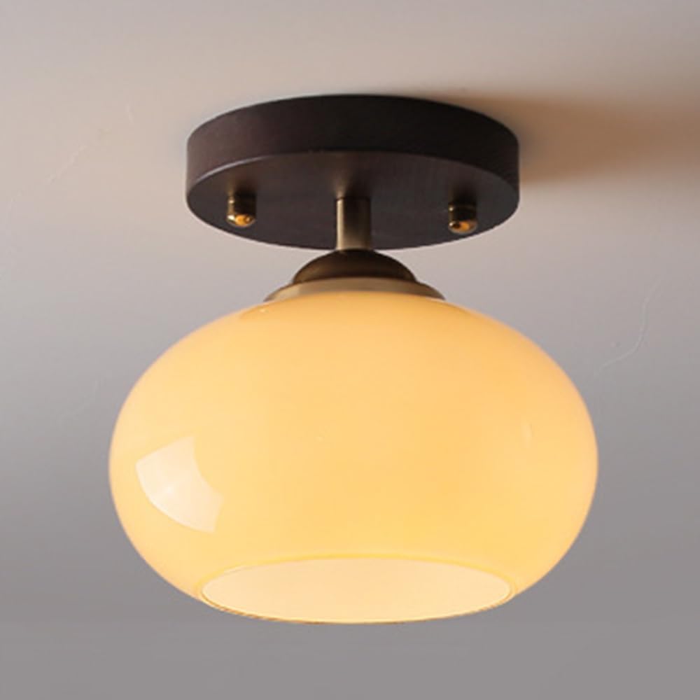Mid-Century Modern Semi Flush Mount Ceiling Light, Glass Dome Hallway Lighting Fixtures, E27 Socket Wood Close to Ceiling Lamps for Entryway Porch Foyer (7 Inch)