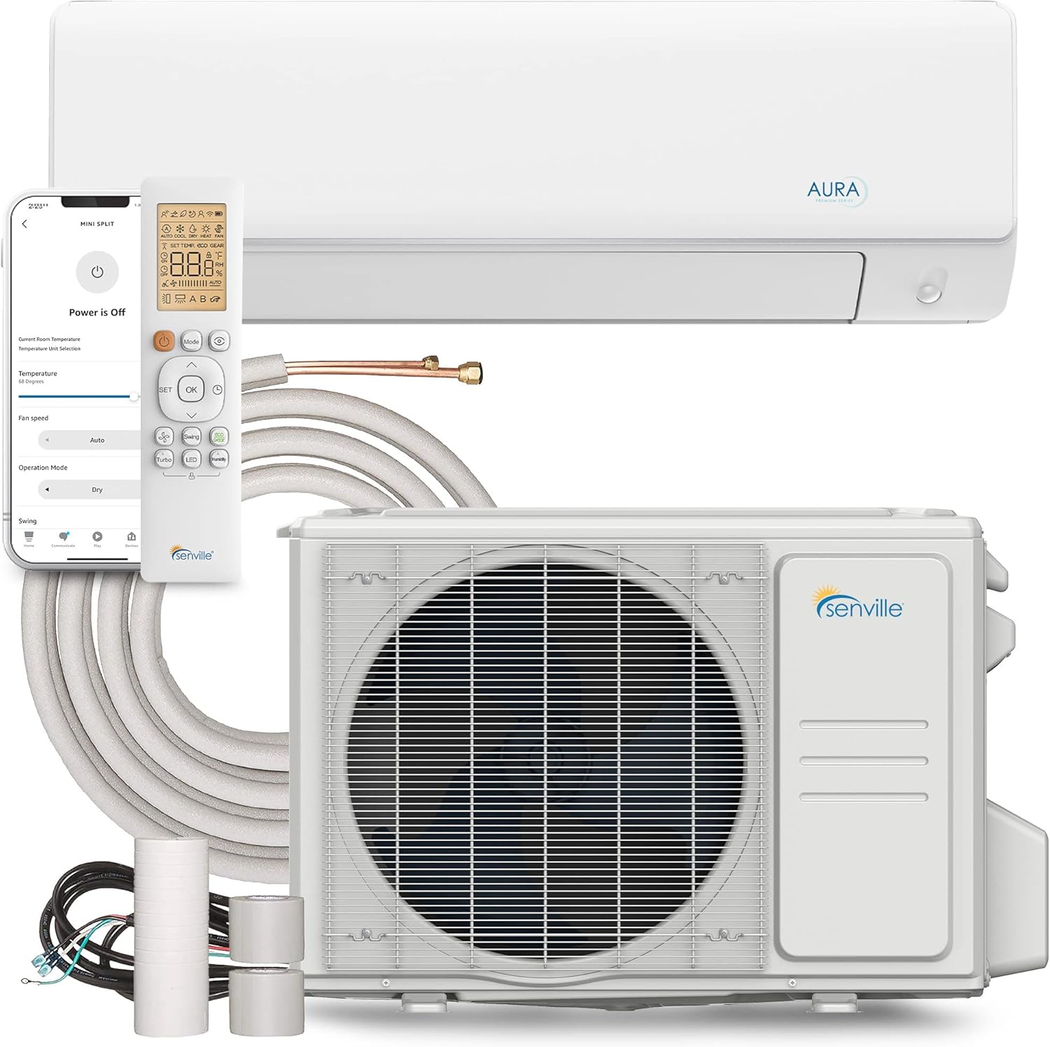 Senville AURA Series Mini Split Air Conditioner Inverter Heat Pump, 9000 BTU, Works with Alexa, Energy Star, White