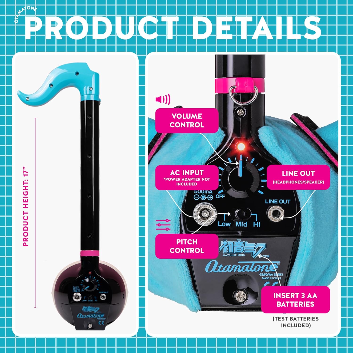Otamatone Deluxe [Hatsune Miku Edition] Electronic Musical Instrument Portable Synthesizer from Japan Maywa Denki [Includes Removable Plush Wig]