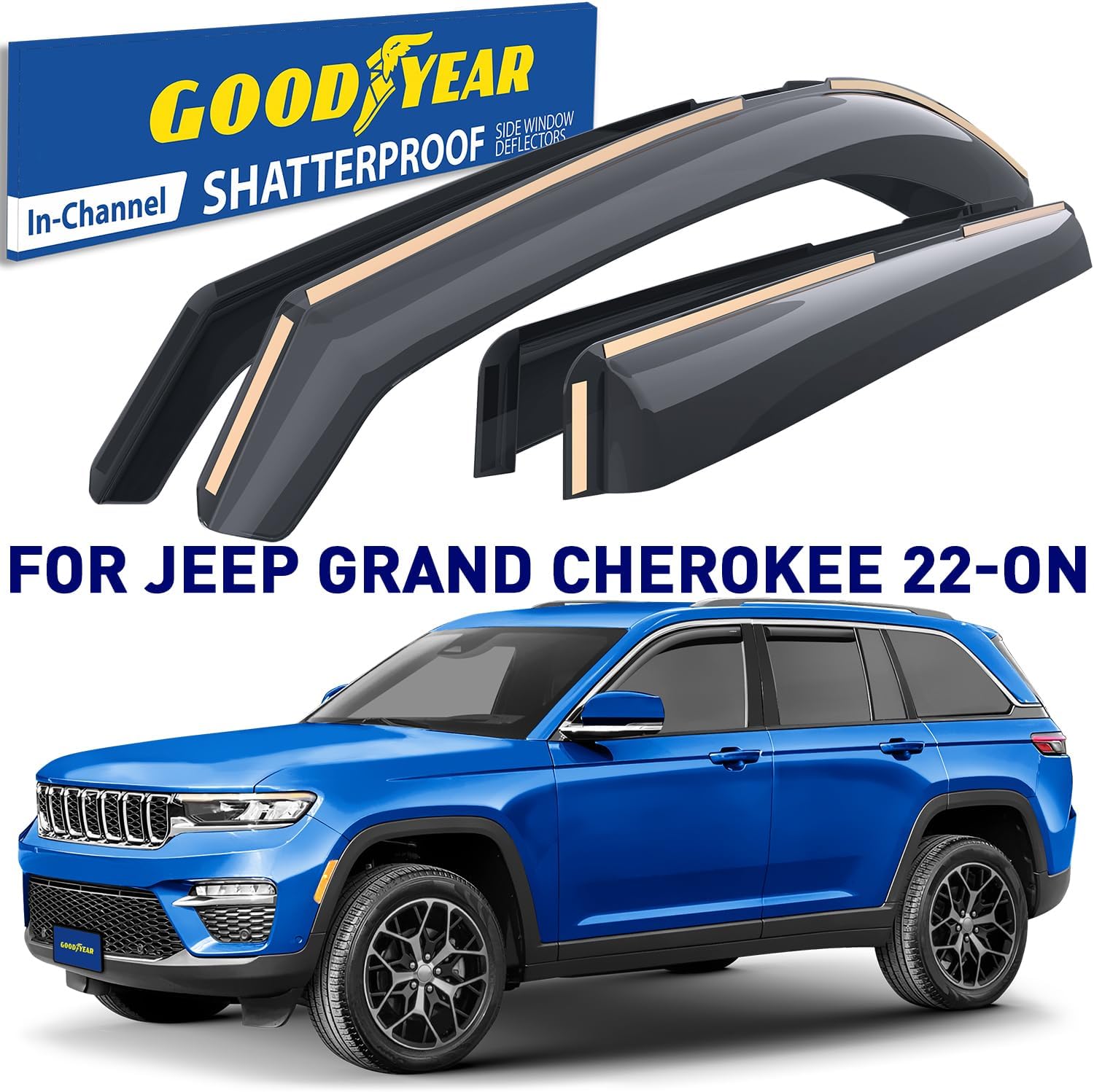 Goodyear Shatterproof in-Channel Window Deflectors for Jeep Grand Cherokee 2022-2026, Rain Guards, Window Visors for Cars, Vent Deflector, Car Accessories, 4 pcs - GY007990