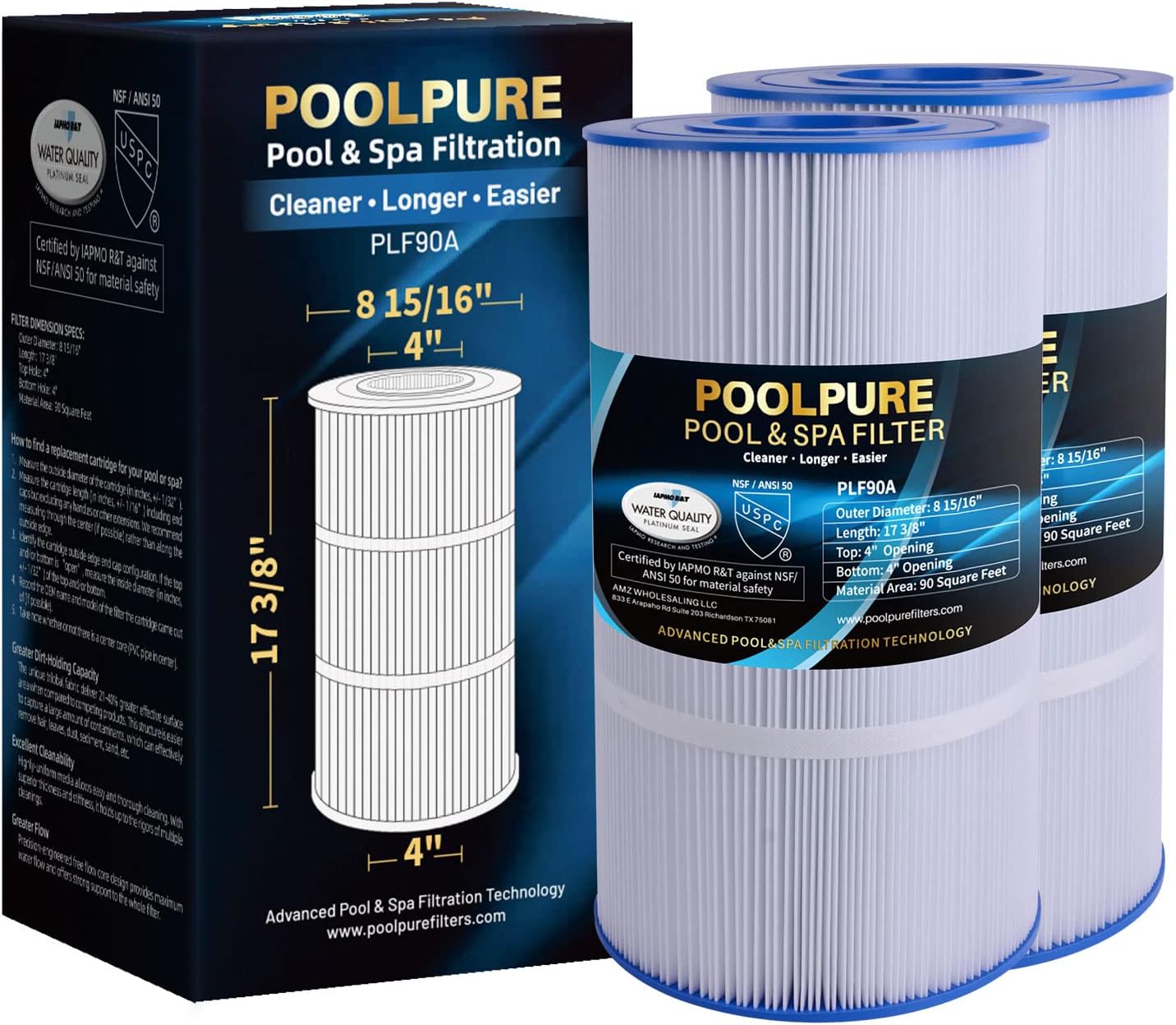 POOLPURE PLF90A Pool Filter Replaces Hayward C900, CX900RE, Pleatco PA90, Ultral-B6, Unicel C-8409, Filbur FC-1292, Sta-Rite PXC95, 90 sq.ft, L x OD: 17 3/8