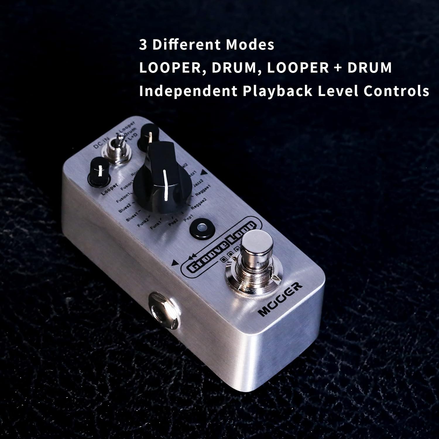 MOOER Groove Loop drum machine with 20 minute finder, 16 different drum grooves, 3 modes, play tempo for loop, record, practice with micro loop drum pedal, mini guitar jamming tool