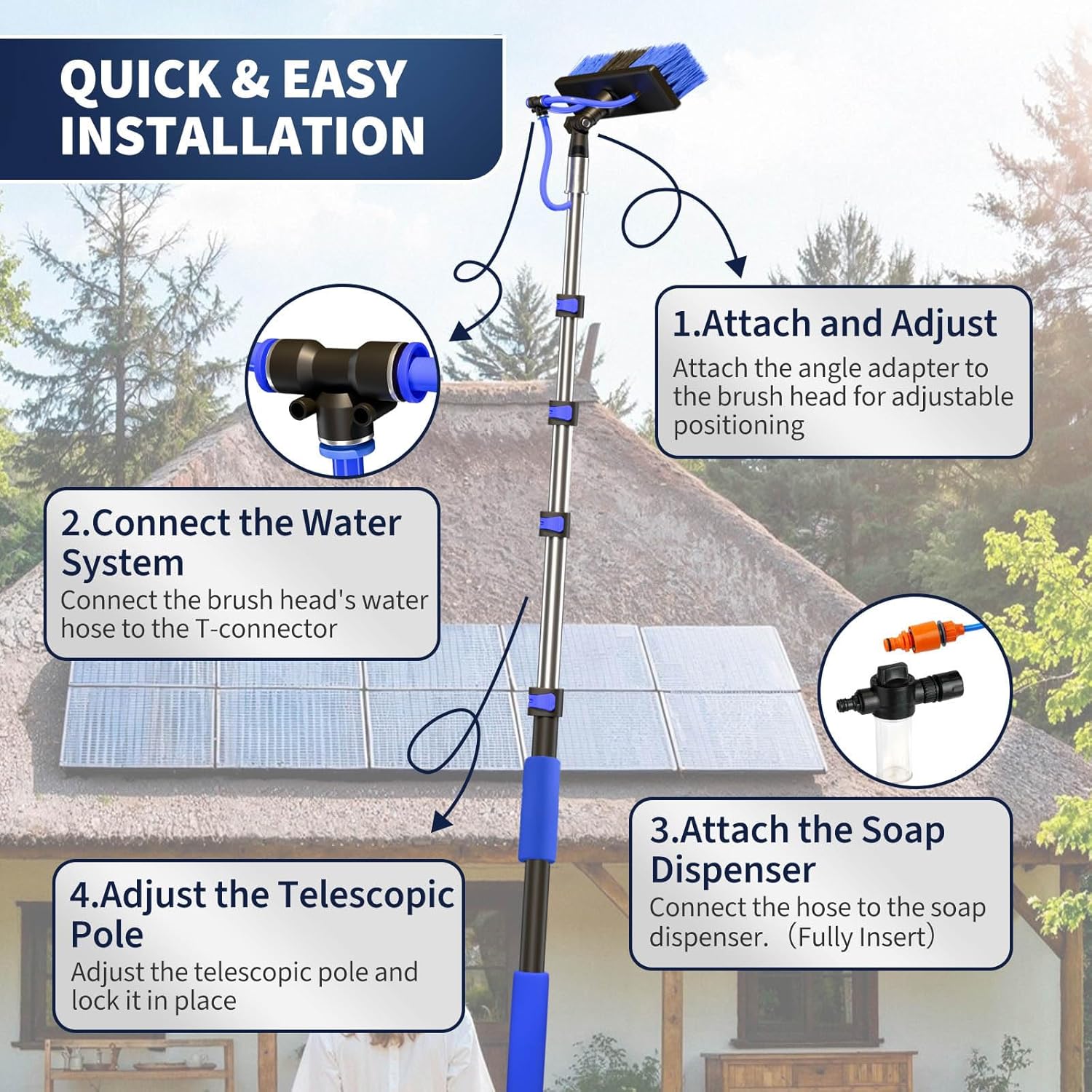 20FT Water Fed Solar Panel Cleaning Kit, Telescopic Solar Panel Cleaning Brush with Extension Pole & Soap Dispenser for Household & Outdoor