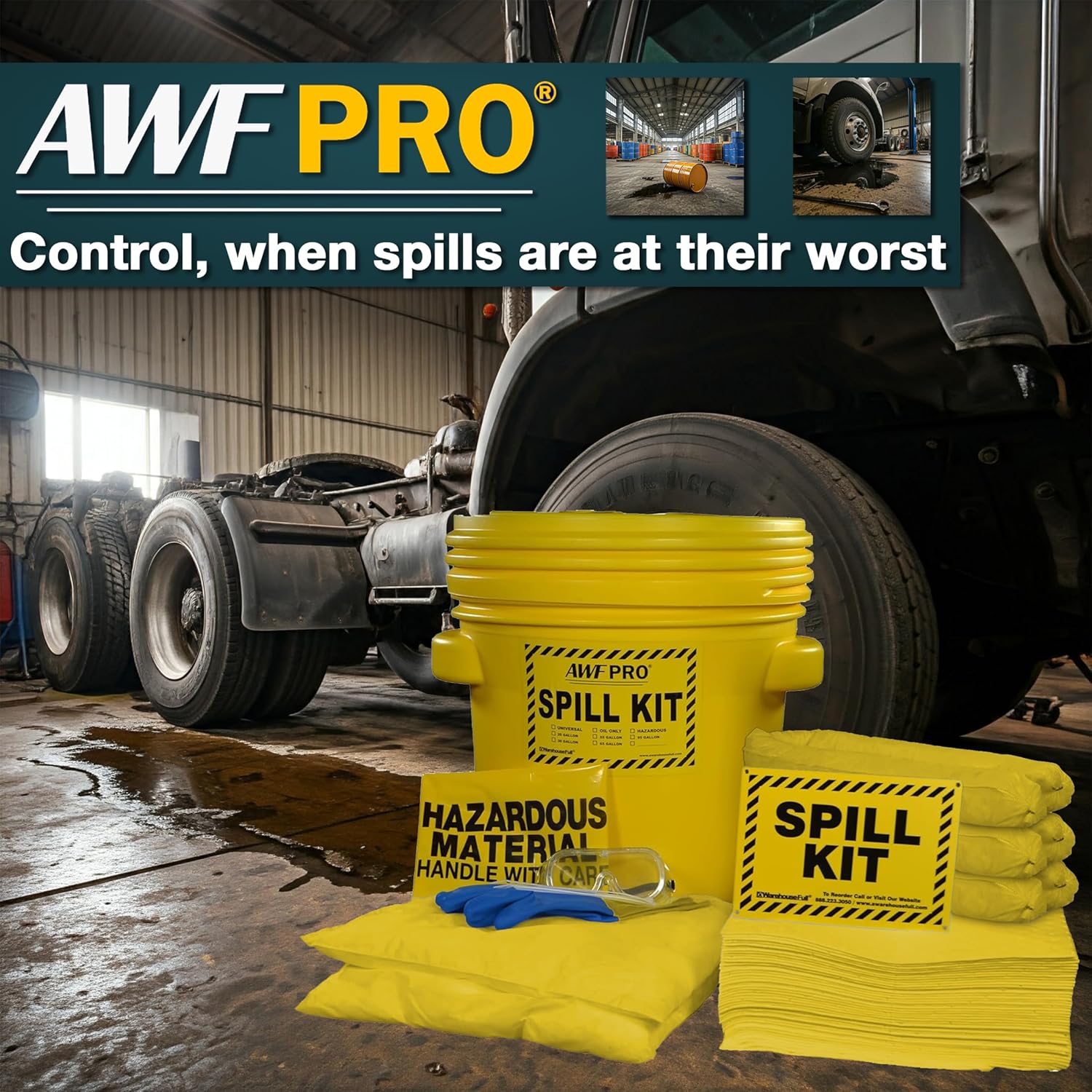 AWF PRO 20 Gallon Hazmat Spill Kit, 59 Pieces – 20 gal DOT Approved Drum, Socks, Pads & Pillows, & Accessories