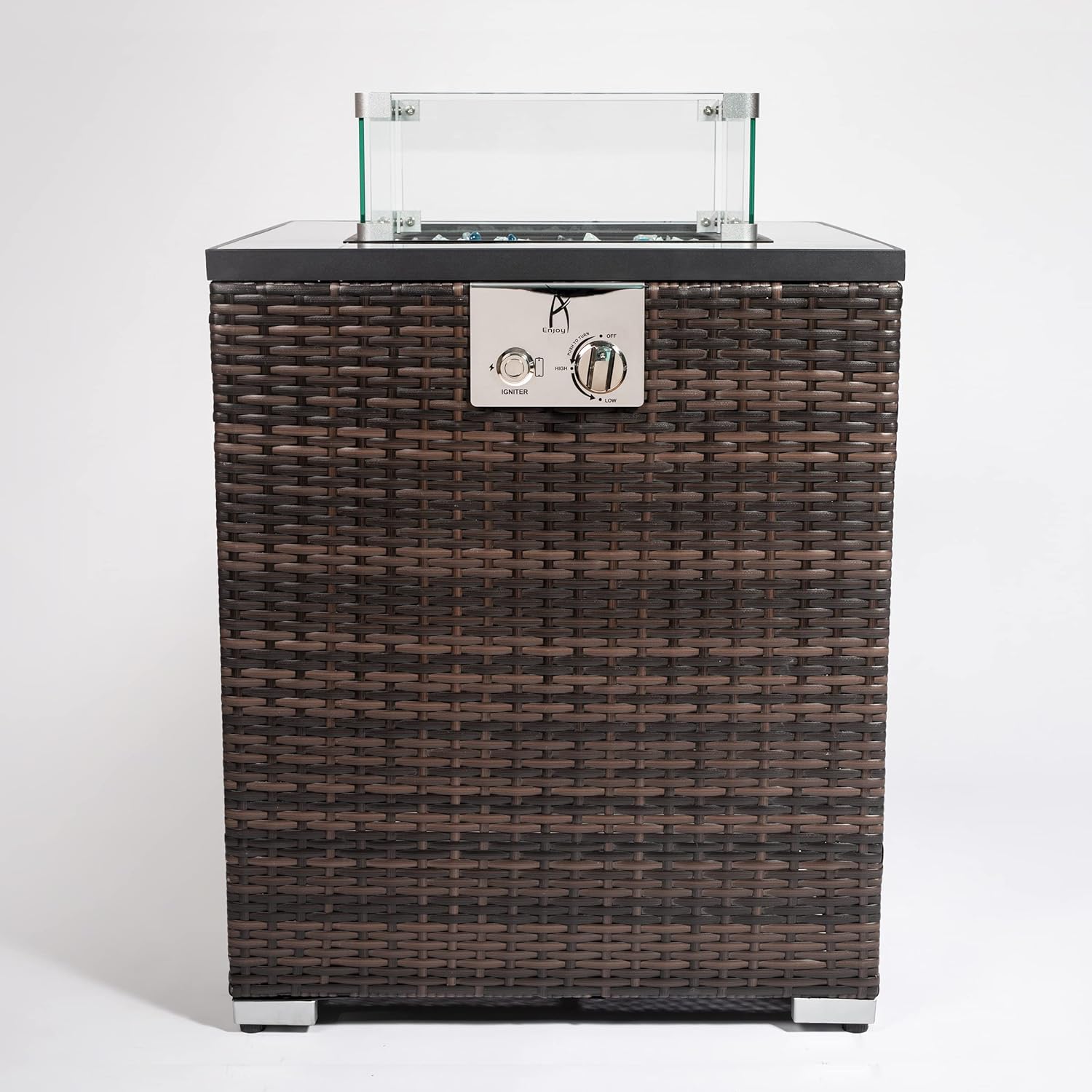 24in Square Fire Pit Table 50000BTU Propane Ceramic Top Wicker Base with Electronic Pulse Ignition Adjustable Flame Steel Lid