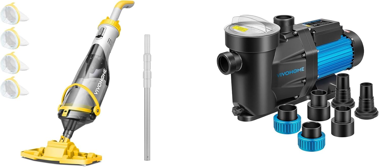 VIVOHOME Cordless Pool Vacuum with Telescopic Pole for Pools/Spas/Hot Tubs, and VIVOHOME 1.5 HP Powerful Self Primming 6360 GPH for in/Above Ground Pool