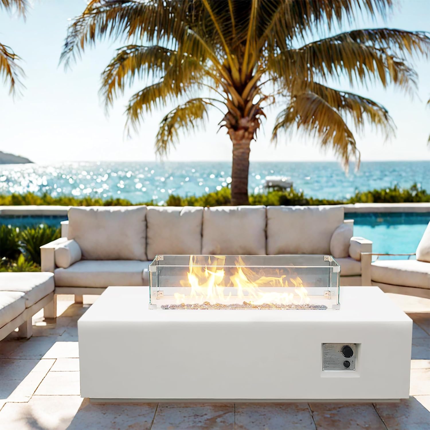 EXPLUX Outdoor Propane Gas Fire Pit Table 65,000 BTU 52-inch Concrete(GFRC) Rectangle Fire Pit for Outside Patio with 304 Stainless Steel Burner,Wind Guard,Crystal Blue Fire Glass,Rain Cover,White