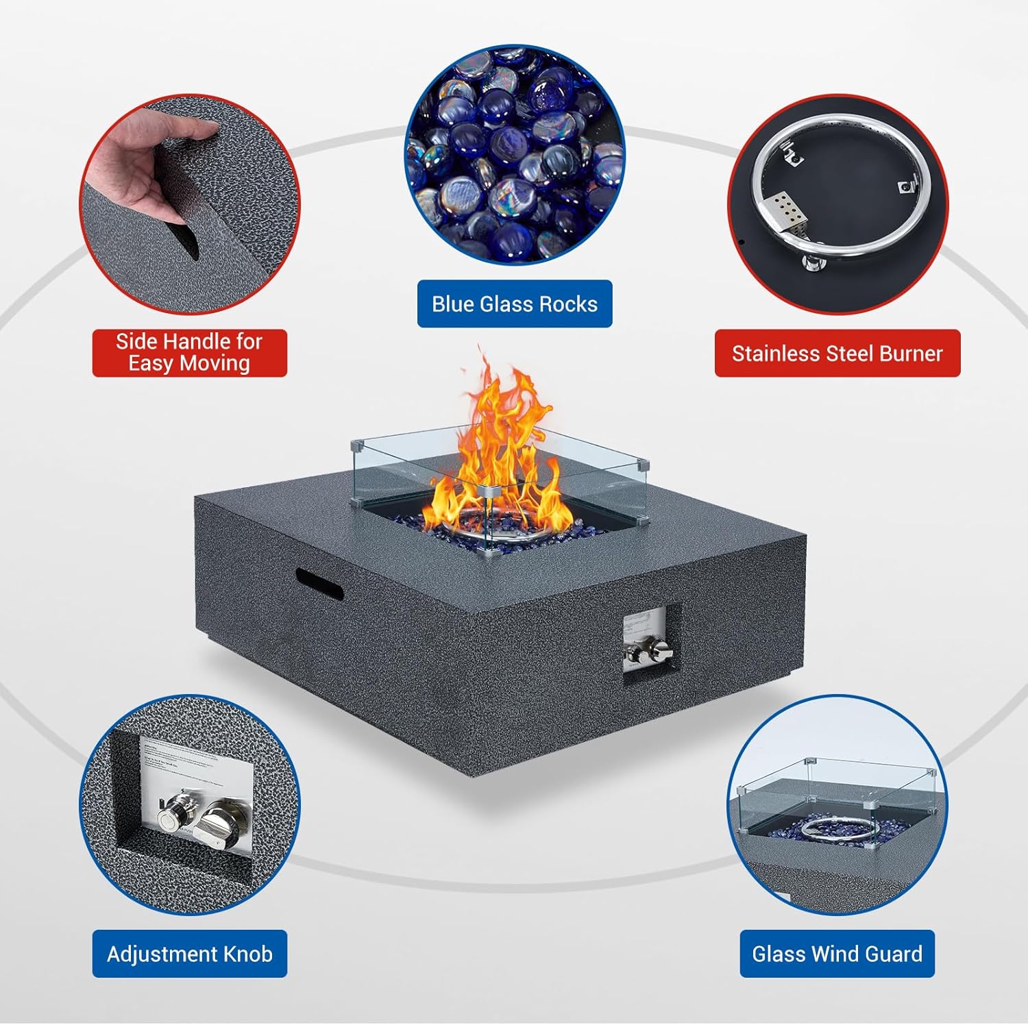 50000 BTU Propane Fire Pit Table, 36 in Outdoor Gas Fire Pit Table with 16 in Propane Tank Cover, Wind Guard, Glass Rocks & Rain Cover for Garden Backyard Deck Patio