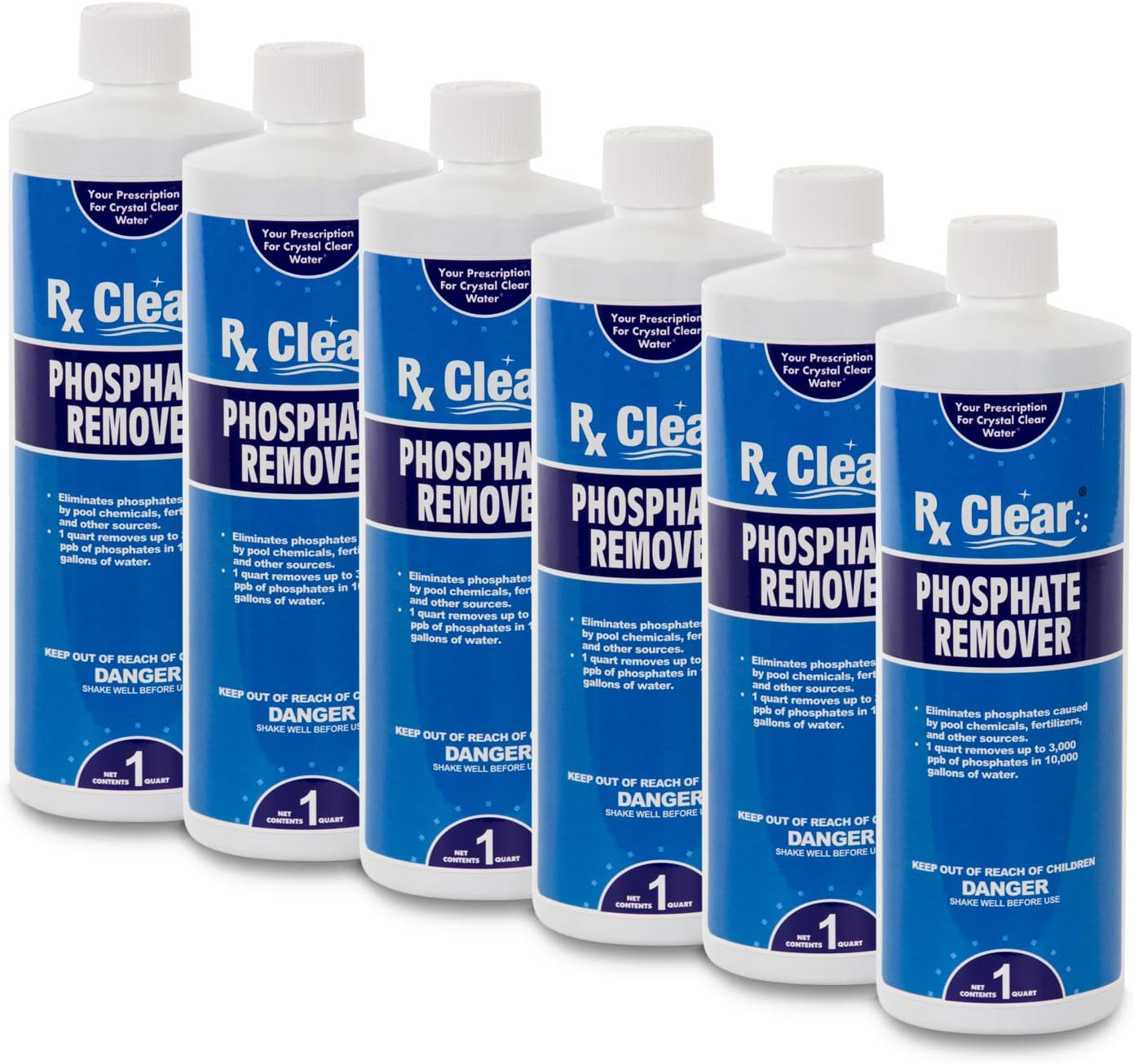 Rx Clear Phosphate Remover | Eliminates Phosphates Caused by Swimming Pool or Spa Chemicals, Fertilizers, and Other Sources | One Quart Bottles | 6 Pack