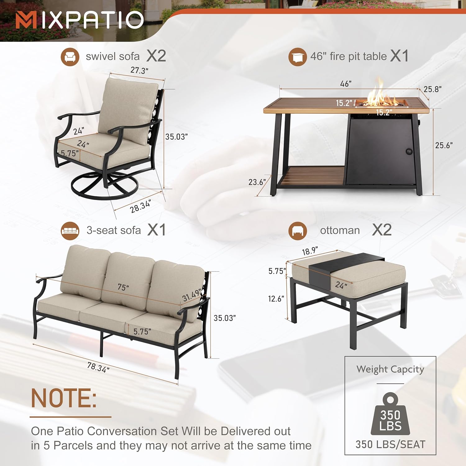 Patio Furniture Set with Firepit Table, 6 Pcs Metal Outdoor Conversation Set, 2 X Swivel Chairs, 1 X 3-Seater Sofa and 2 X Ottomans with 5.75