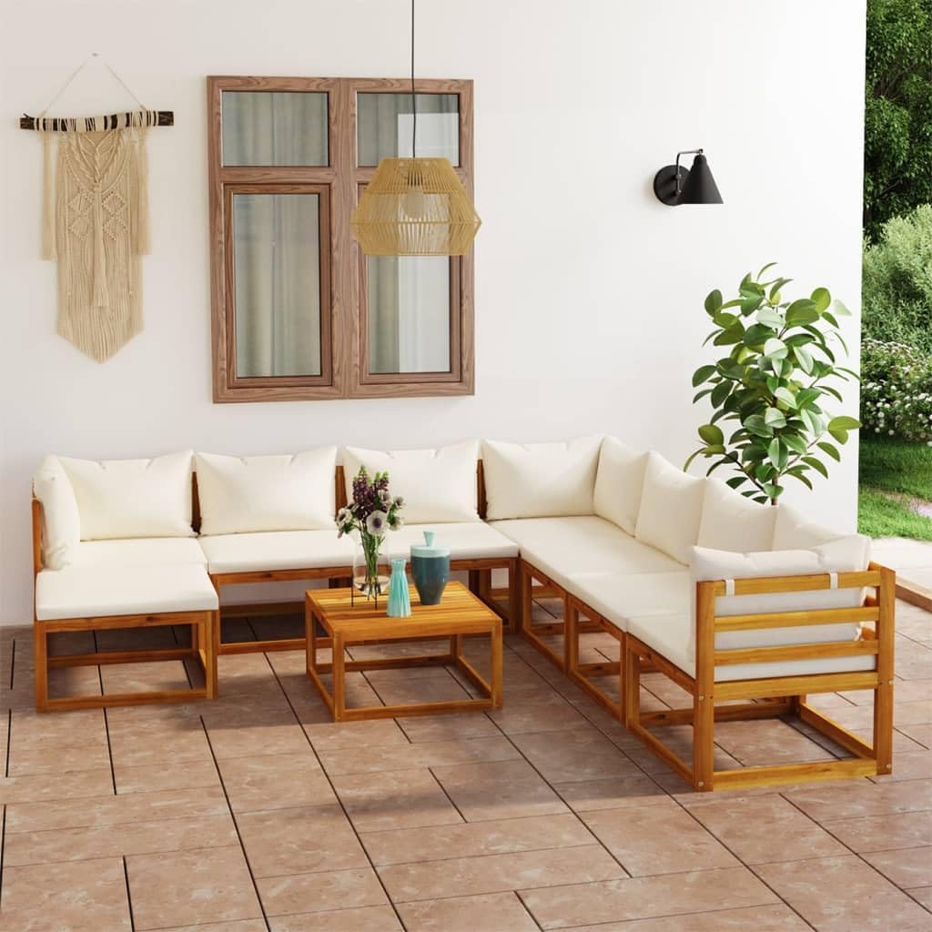 9 Piece Patio Lounge Set with Cushion Cream Solid Acacia Wood,Acacia Wood Lounge Set with Modular Design for Patio and Garden Patio Furniture Sets, Outdoor Furniture Sets