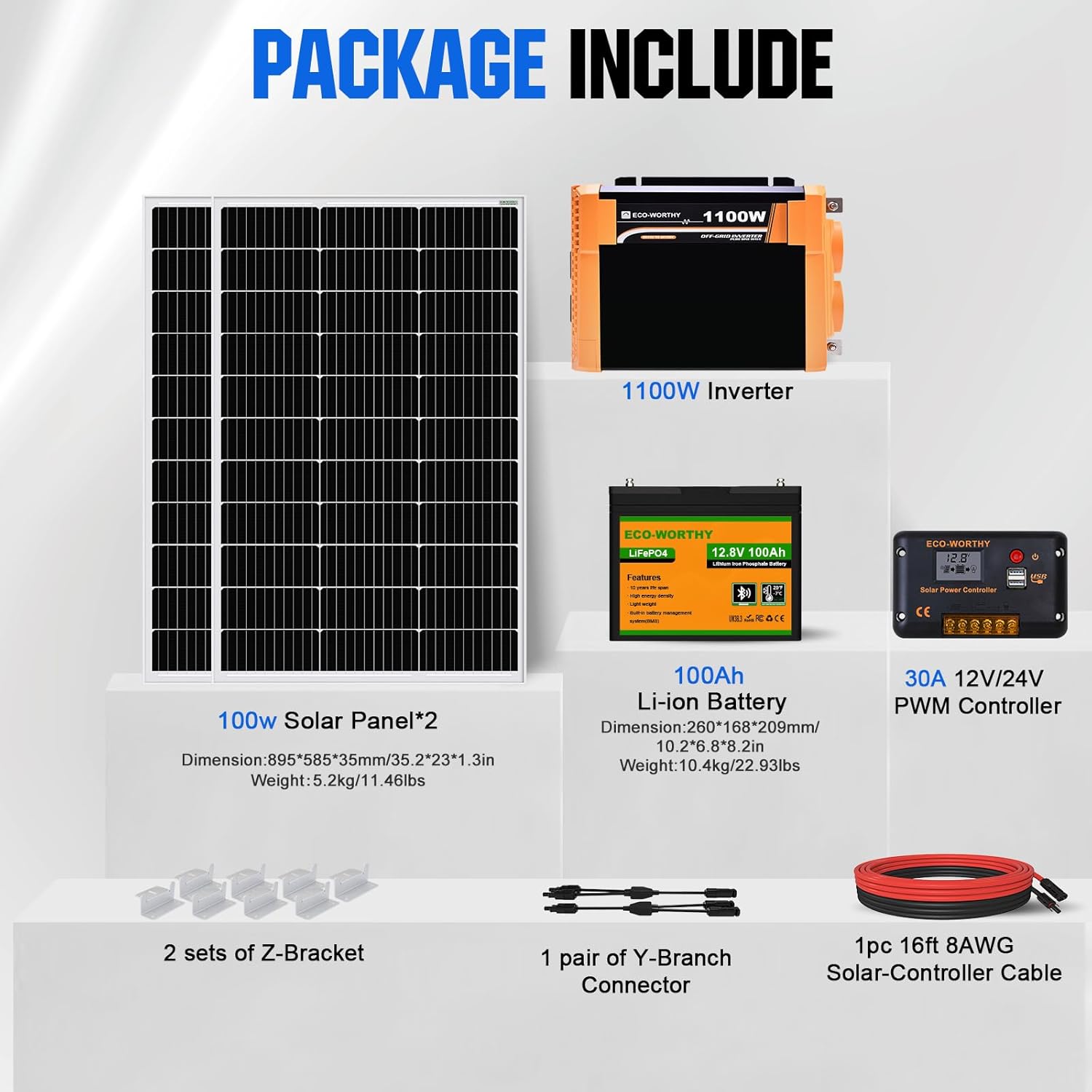 ECO-WORTHY 200 Watt 12V Complete Solar Panel Starter Kit for RV Off Grid with Battery and Inverter: 2pcs 100W Solar Panel + 30A Charge Controller + 100Ah Lithium Battery + 1100W Premium Solar Inverter