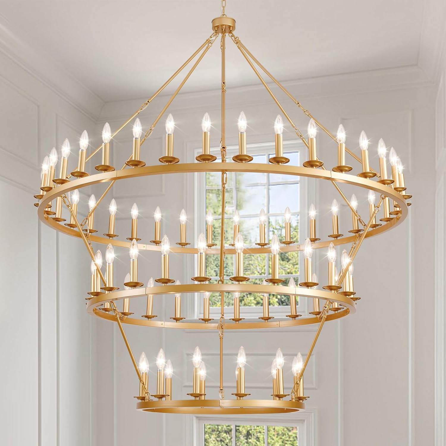 3 Tier Gold Wagon Wheel Chandelier,Extra Large 60-Inch 72-Light Circle Light Fixture,Round Chandeliers for Foyer Entryway Dining Room Living Room High Ceilings