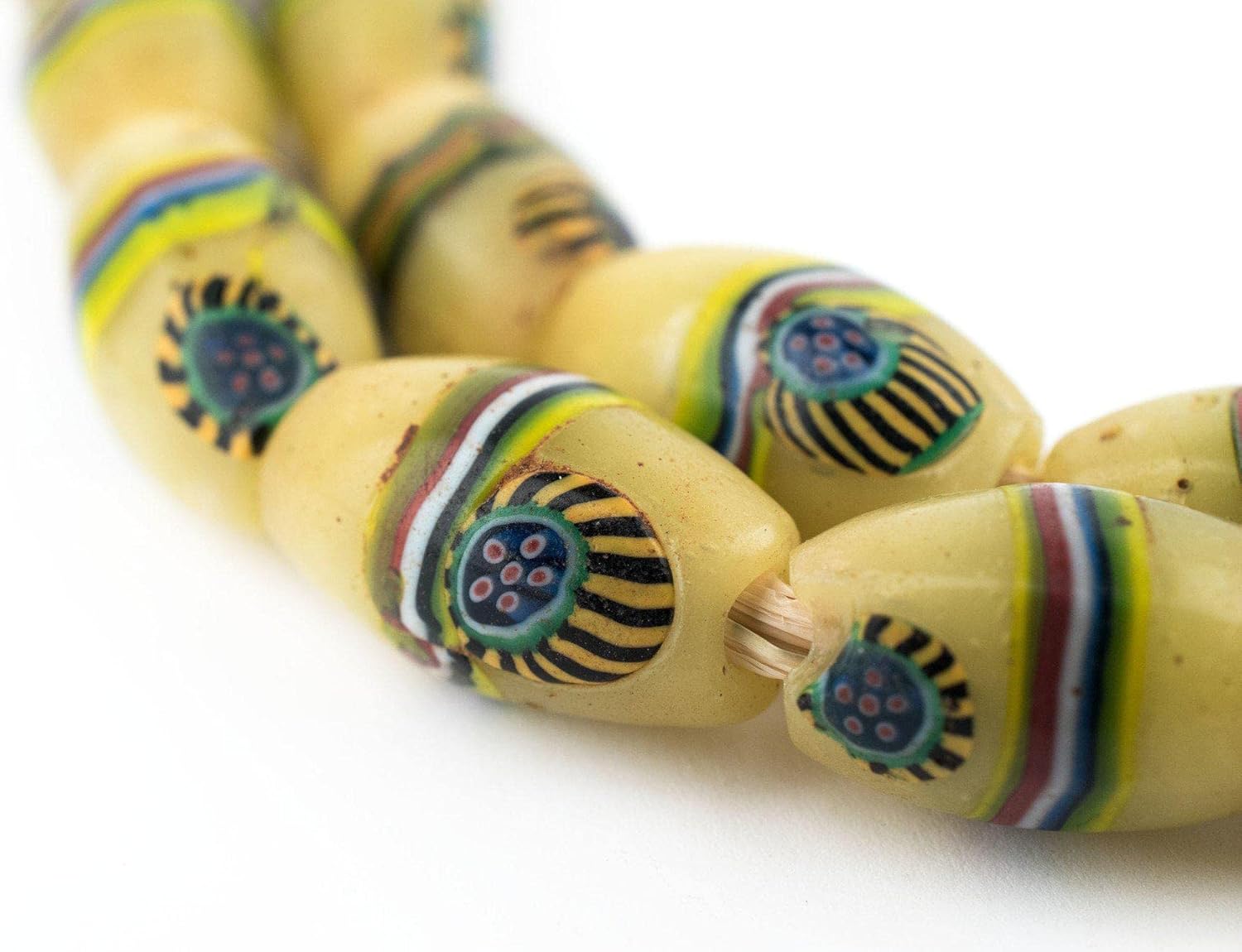 The Bead Chest Rare Matching Antique Peacock Millefiori Trade Beads #RT 9mm Ivory Coast African Multicolor Oval Glass Large Hole Handmade