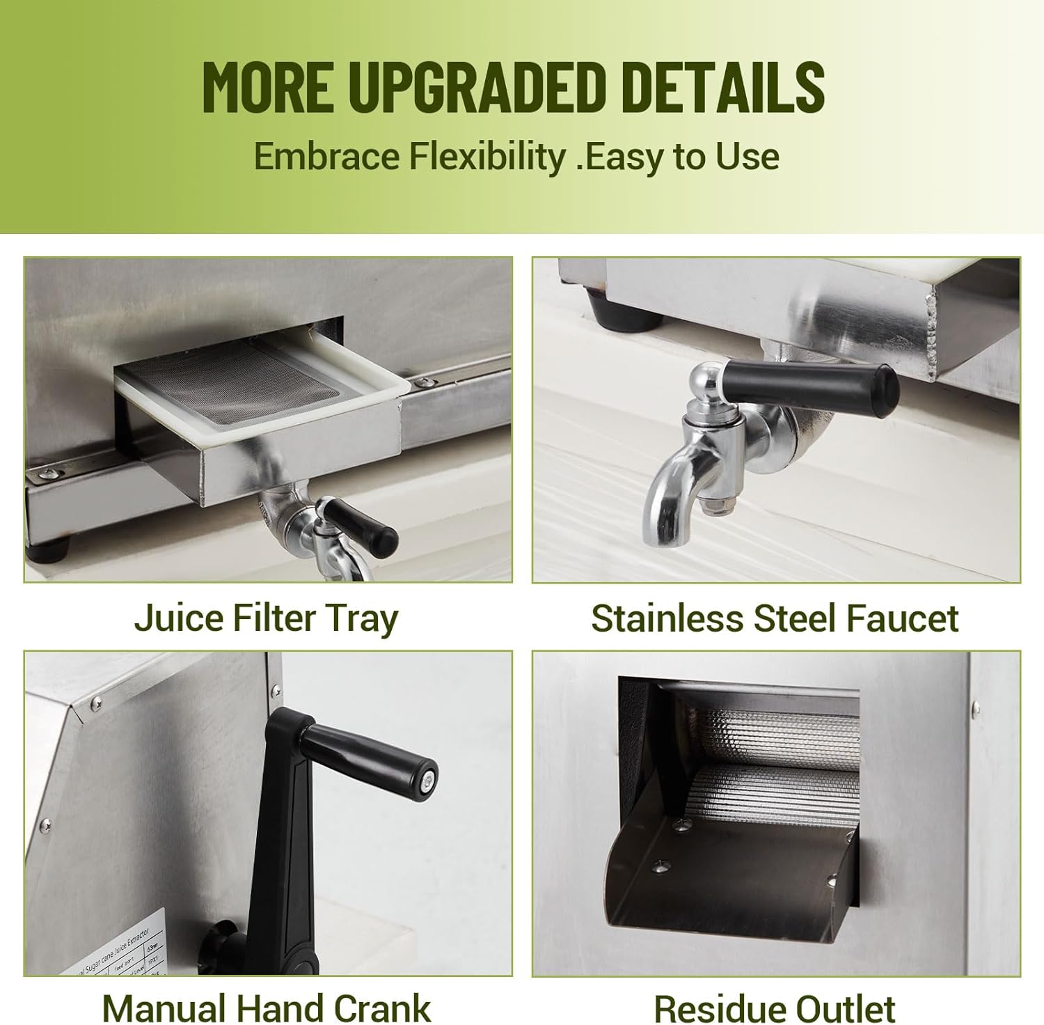 Manual Sugar Cane Juicer Machine, 110 LBS/H Output Commercial Press with Stainless Steel 3 Rollers & 2.4