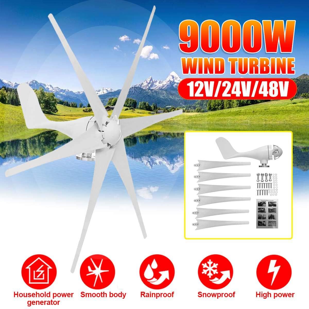 9000W 12V/24V/48V 6 Nylon Fiber Blades Wind Turbines Generator Horizontal Wind Generator Windmill Energy Turbines Charge for Home,24v