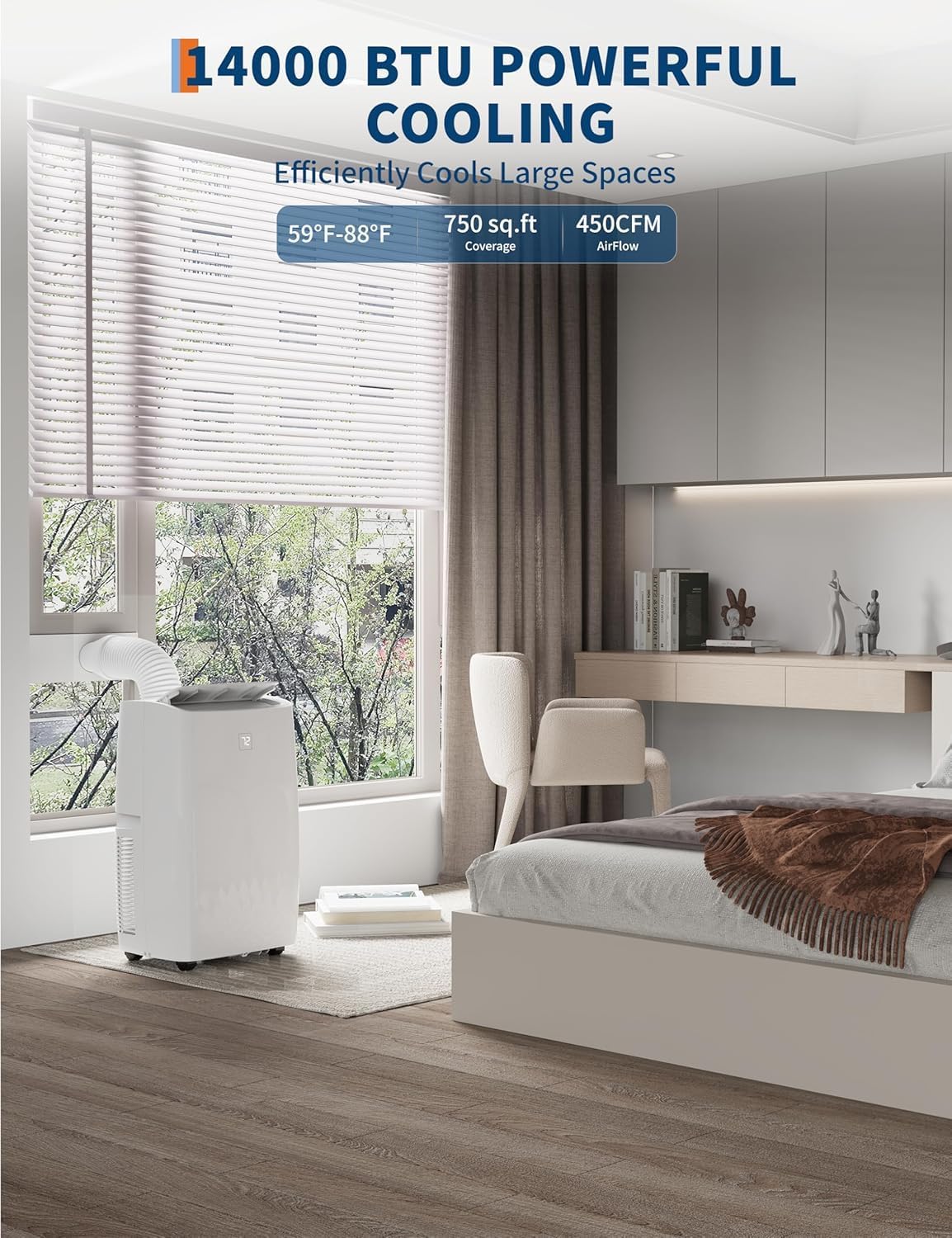 Portable Air Conditioners 14,000 BTU, Portable AC Unit for Bedroom and Office, 400m³/h Cooling for 750 Sq. Ft, Drain-Free Technology with 75-Pint Dehumidification, Includes Remote & Mount Kit, White