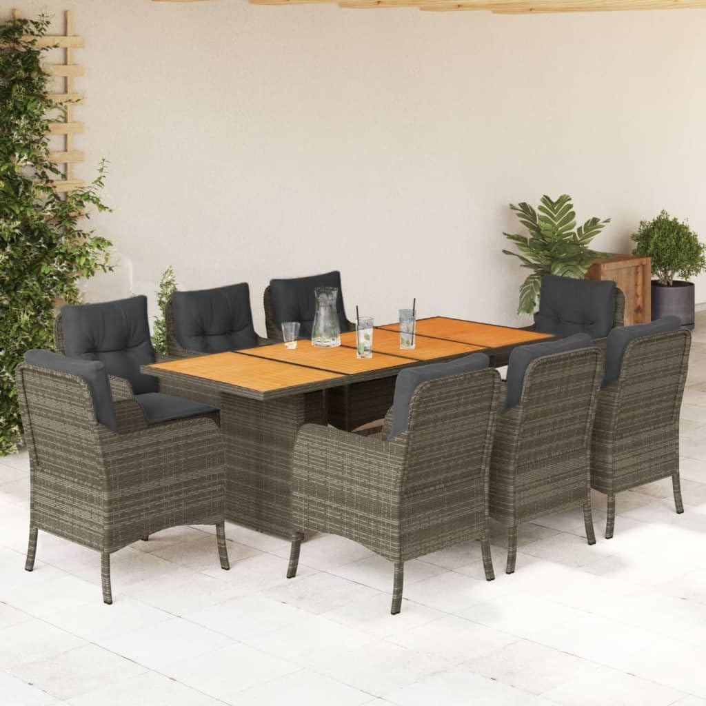 9 Piece Patio Dining Set with Cushions Gray Poly Rattan Garden Furniture