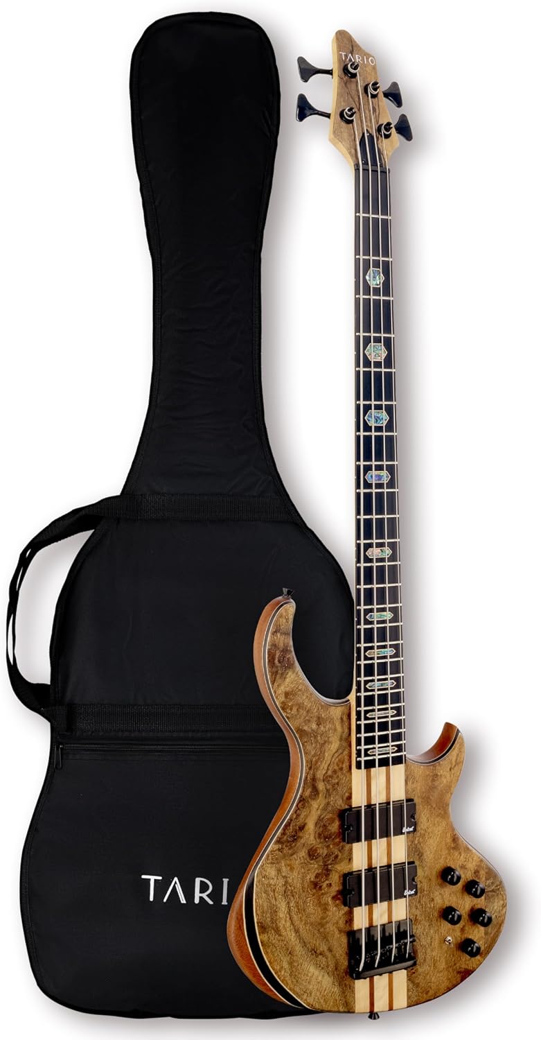 TARIO 4 String Electric Bass Guitar Burl poplar top Millettia Laurentii Okoume body Maple Fretboard