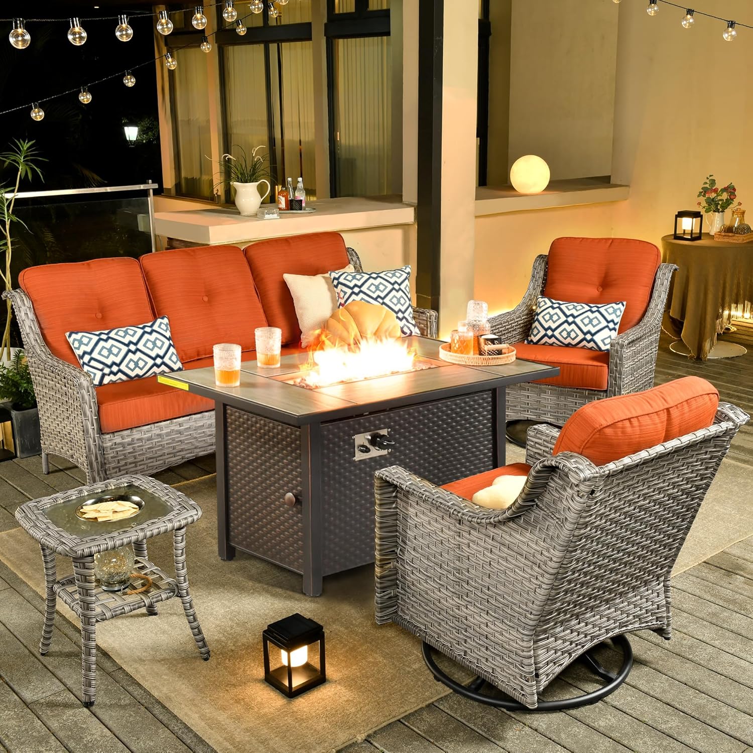 ovios Outdoor 5 Piece Patio Furniture with Fire Pit Table,Wicker Coversation Set with Swivel Rocking Chair,Comfy Sectional Deep Sofa for Outside Porch Balcony Backyard Pool,Orange