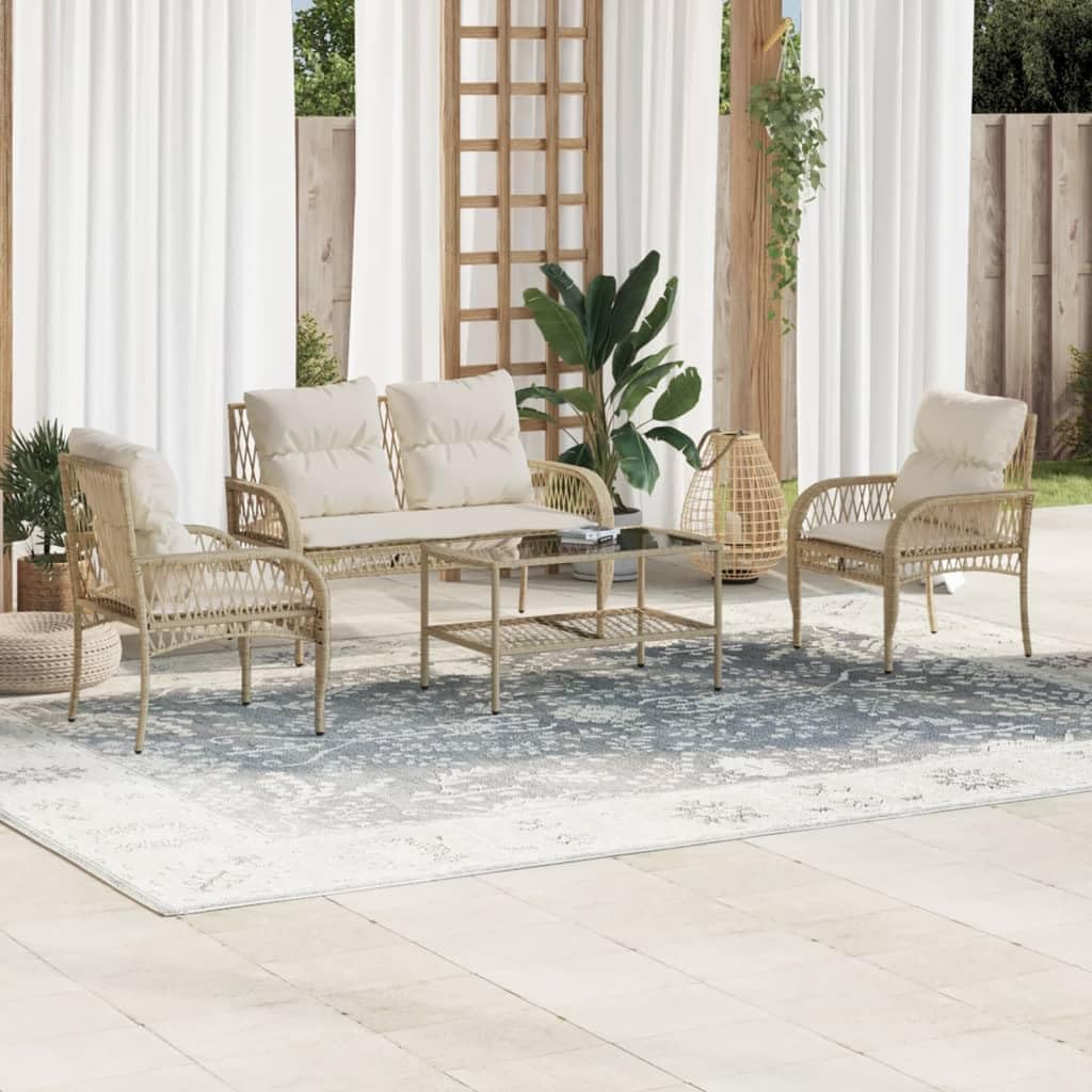 4 Piece Patio Sofa Set with Cushions Beige Poly Rattan,Cozy and Durable Rattan Garden Sofa Set for Outdoor Relaxation Furniture Sets for Patio, Lawn & Garden