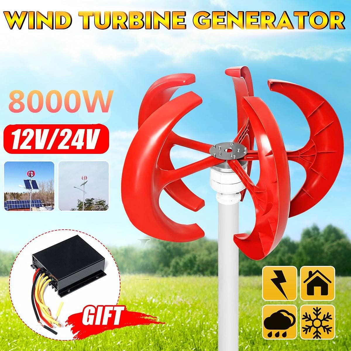 8000W Vertical Axis Lantern Wind Turbines Generator Motor Kit 5 Blades 12V 24V Electromagnetic for Home Hybrids Streetlight Use
