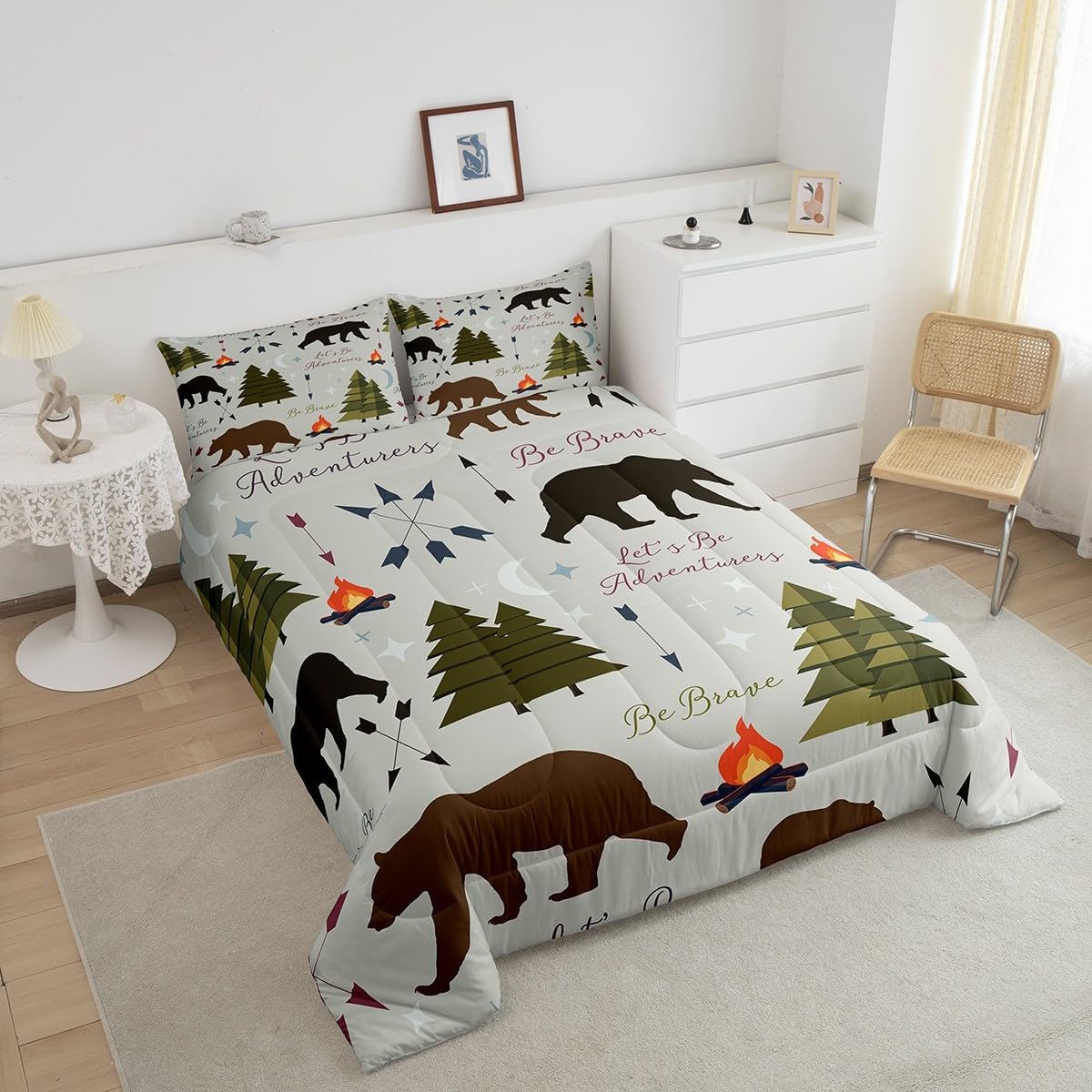 Happy Camping Comforter Set King Size Hunt Bear Pine Trees Bedding Set for Kids Boys Men Adults Cabin Room Decor Campfire Arrow Cartoon Quilt Set Wild Outdoor Adventure Duvet Insert 3pcs