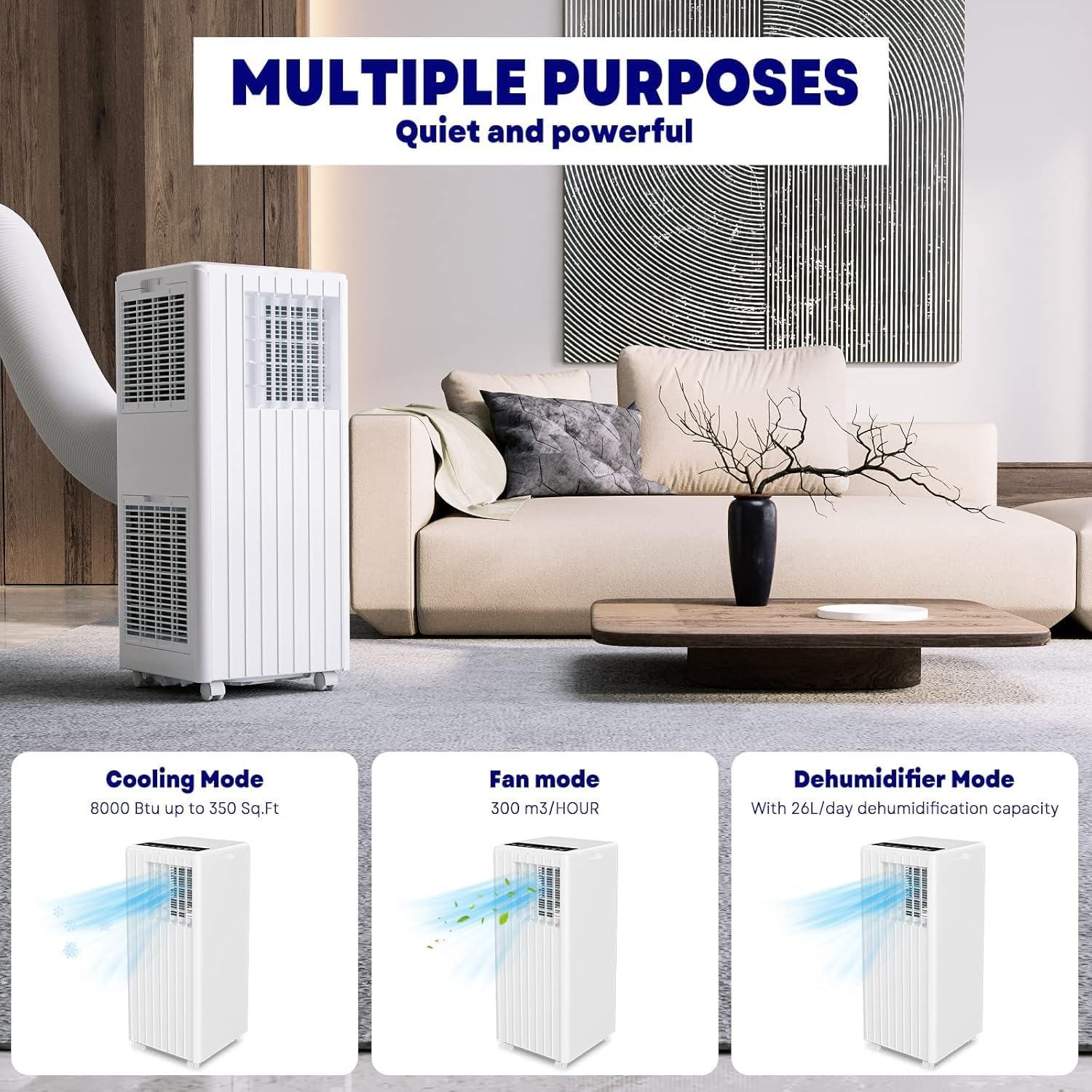 8000 BTU Smart Portable Air Conditioner for Rooms Up to 350 Sq. Ft. Energy Efficient Cooling with Remote Control, Multiple Wind Speeds, 24H Timer, LED Display - Easy Move Wheels for Home, Office