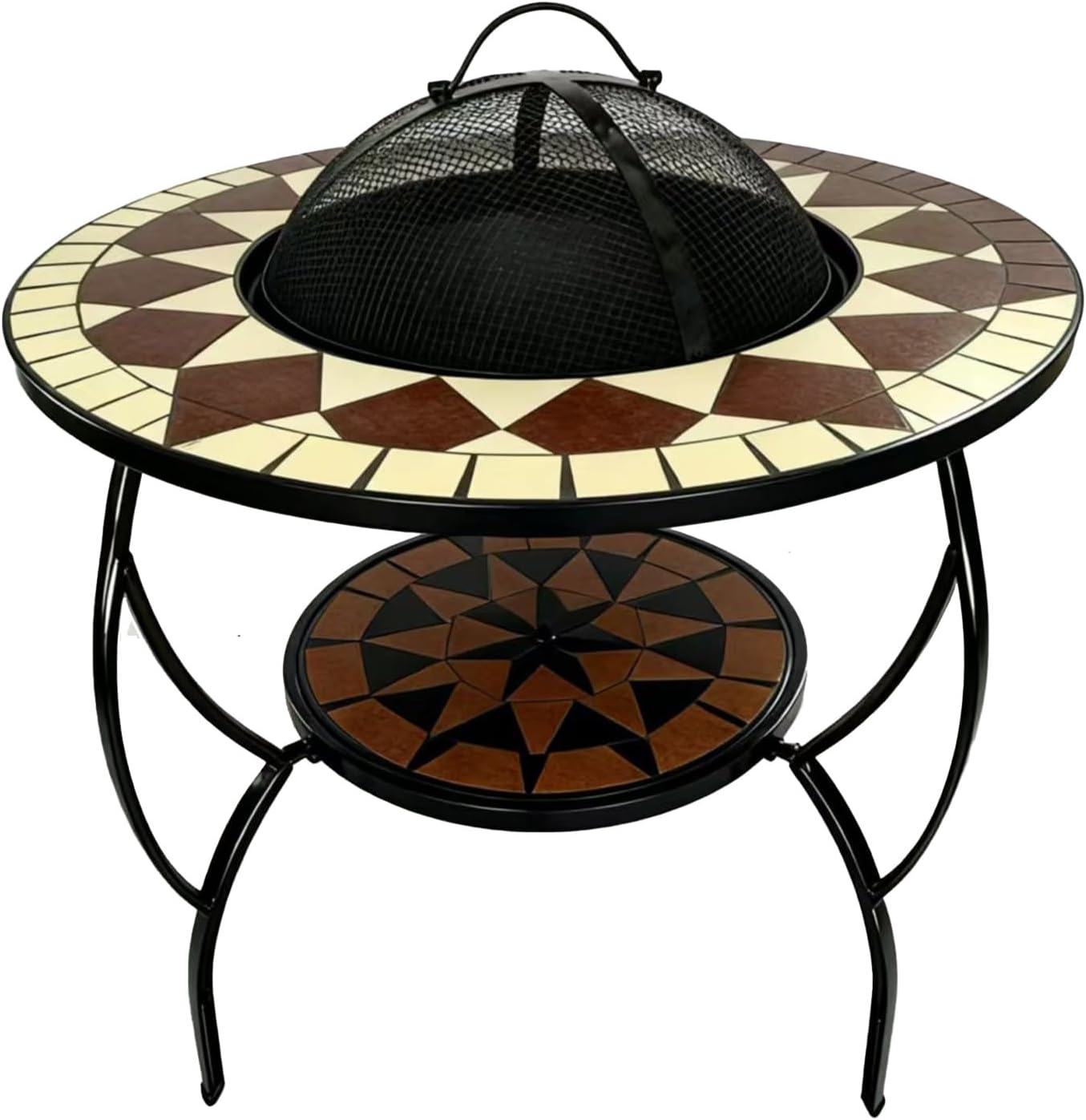 Artisan Home Decor Mosaic Fire Pit Table with Mesh Cover, Yellow and Green Tile Pattern, Metal Frame, 2-Tier Design, Freestanding Customized (Color on The Picture)