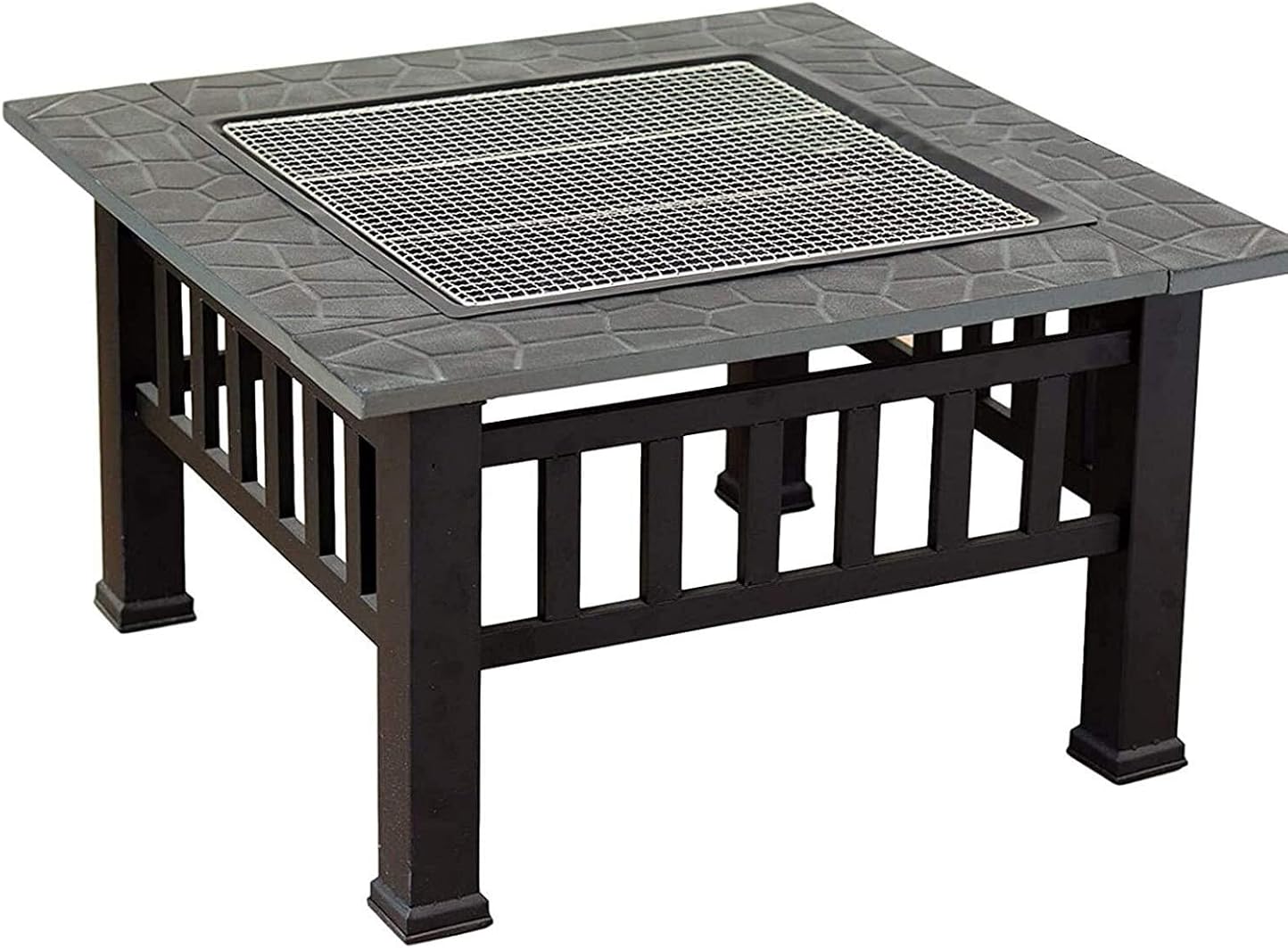 Outdoor Fire Pit Outdoor Fire Pits, Metal Square Firepit Patio Stove BBQ Grill Fire Pit Bowl with Spark Screen Cover,Log Grate, Poker