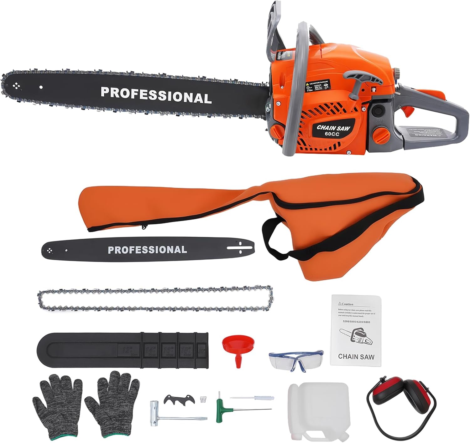 22in 60cc Gas-Powered Chainsaw, 2.8KW, Orange, 10000RPM, Auto-Oiling, Vibration-Dampening, for Tree Cutting and Landscaping