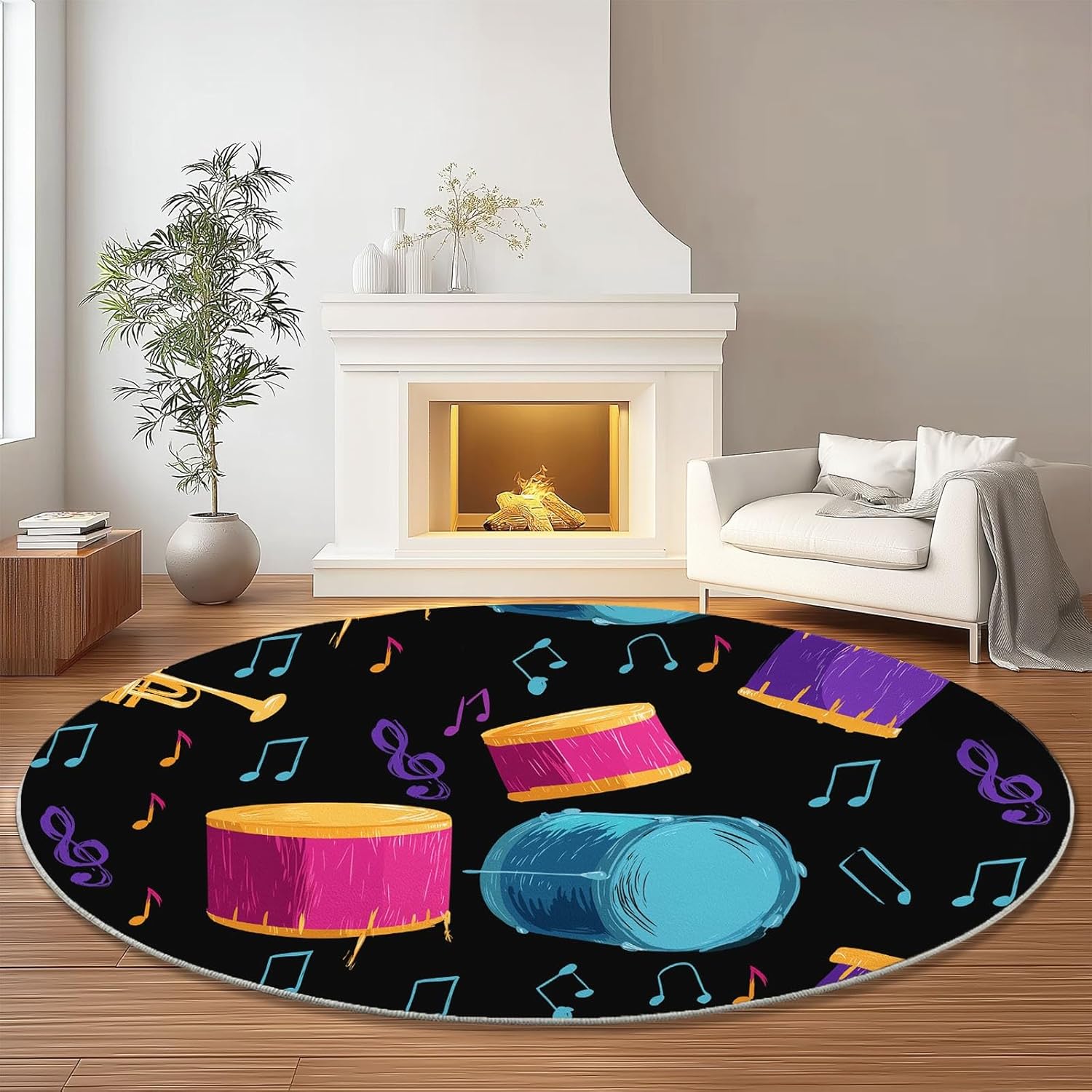 Round Printed Rug 5 ft Washable Circle Rug, Cartoon Musical Notes Drums Machine Washable Area Rugs, Black Non-Slip Low Pile Carpets for Kids Room Dining Room Entrance Bedside Mats Floor Decor