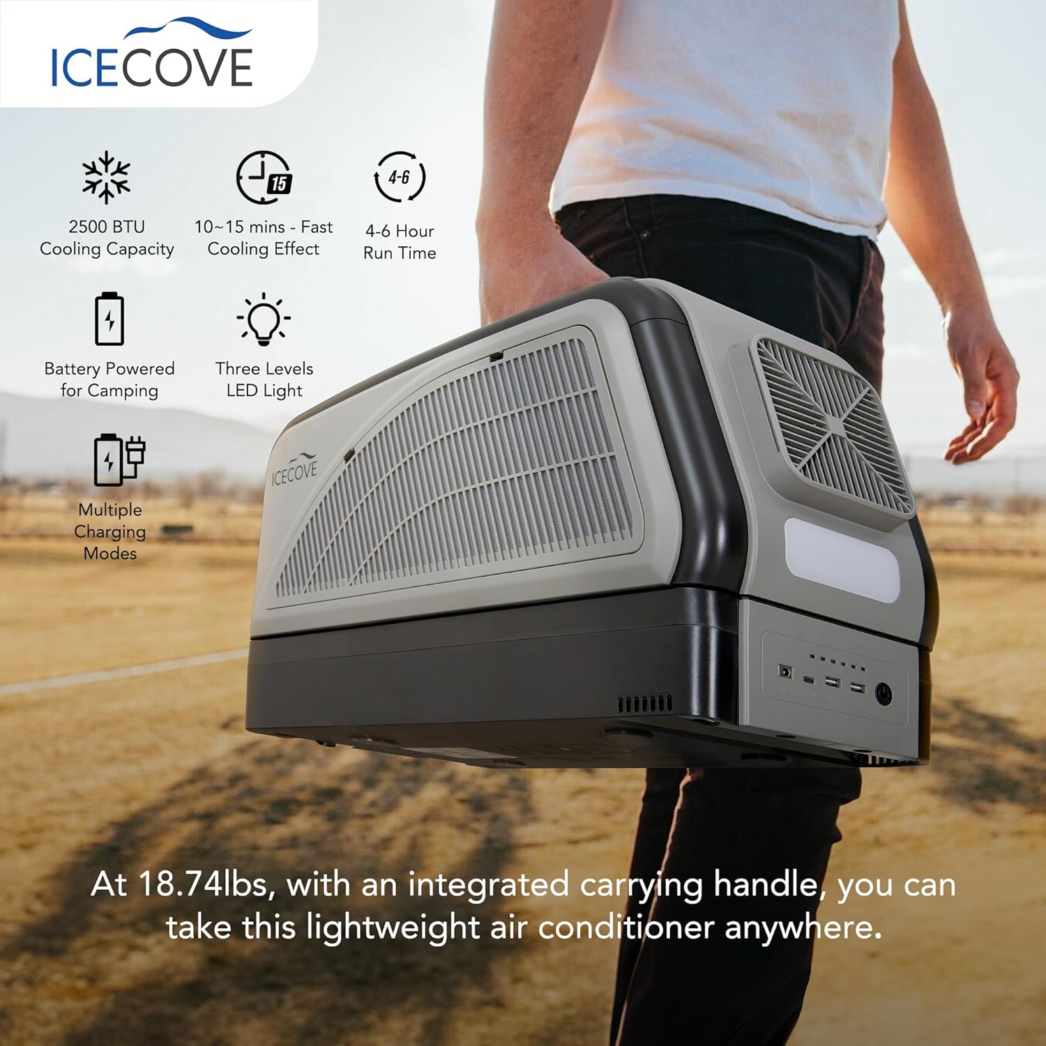 IceCove Portable Air Conditioner with Add-on Battery, 2500BTU Portable Car AC Unit, 250W Low Power Consumption, 25.5VDC, 2 Fan Speed, 3 Light Mode for Tent Camping RV Truck Van Life Home, Gray