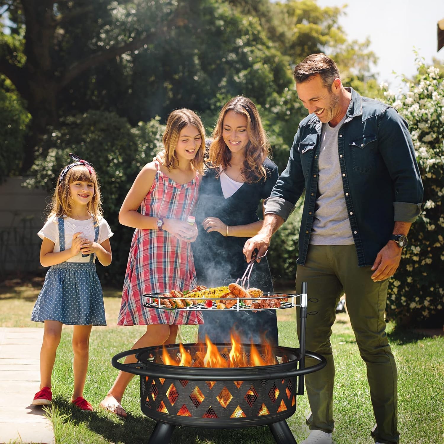 Amopatio Outdoor Fire Pit with Lid, 30 Inch Large Outdoor Wood Burning Fire Pits, Patio Backyard Firepit with Steel BBQ Grill Cooking Grate, Spark Screen & Poker for Garden, Bonfire, Camping, Picnic