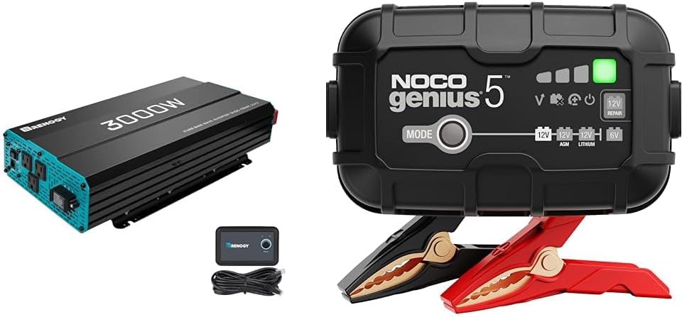 Renogy 3000W Pure Sine Wave Inverter 12V DC to 120V AC Converter for Home, RV, Truck & NOCO GENIUS5, 5A Smart Car Battery Charger, 6V and 12V Automotive Charger, Battery Maintainer
