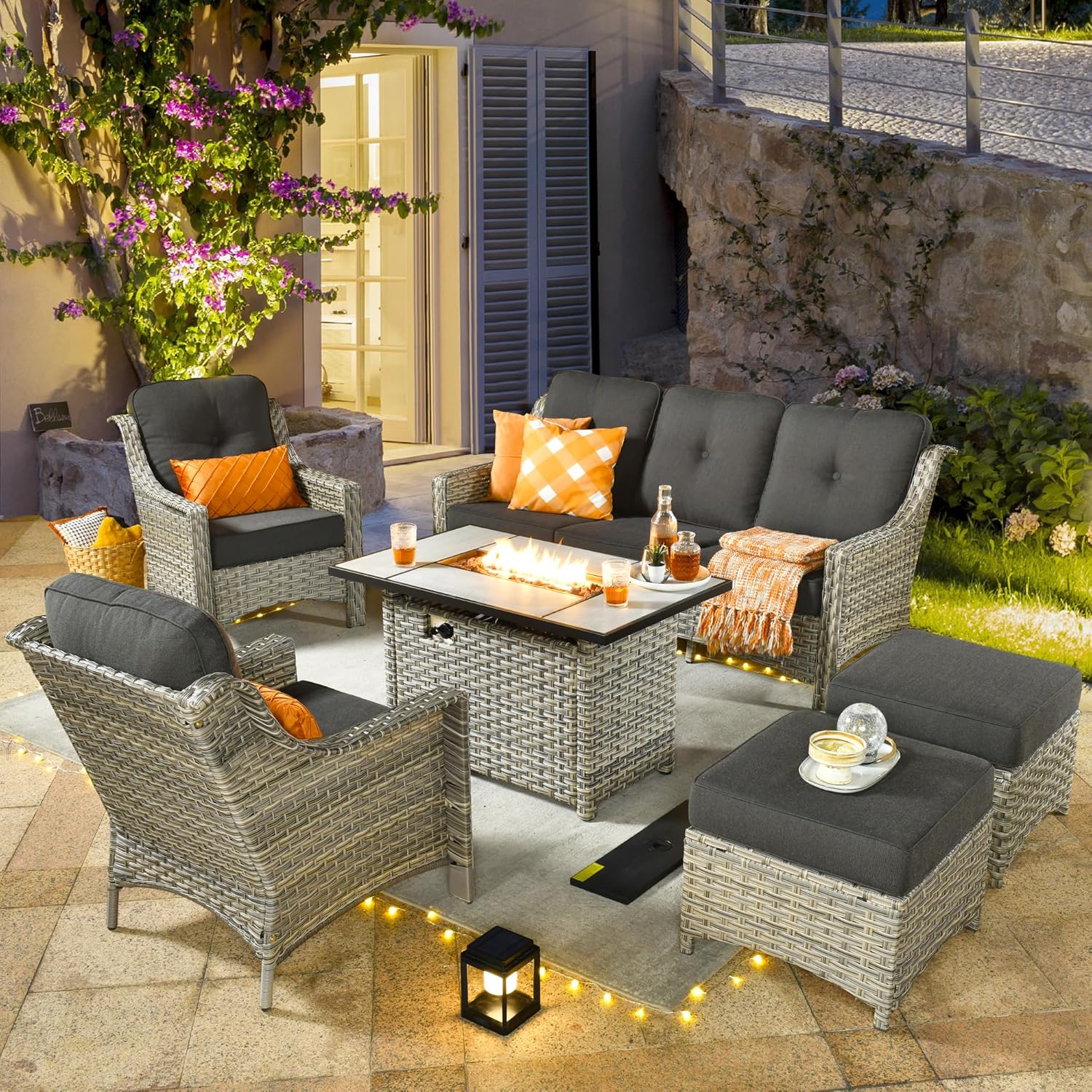 Patio Furniture Sets with Fire Pit Table,6 Pieces All Weather PE Wicker Conversation Sofa,Outdoor Furniture Grey Wicker Black Cushion