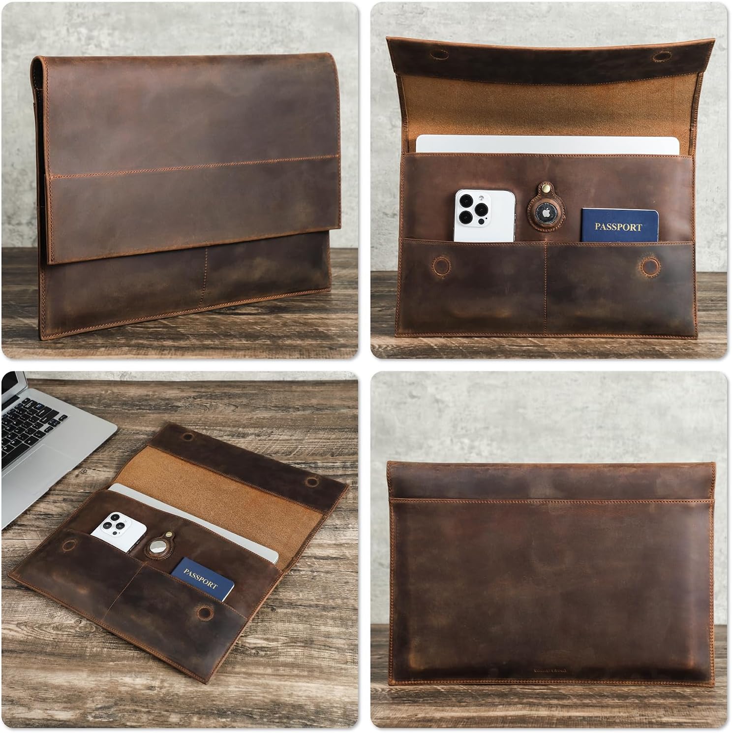 Top Grain Leather Text Customizable Laptop Sleeve Bag, Vintage Design with Multiple Pockets, Fully Handmade, Compatible with MacBook Pro/Air & iPad Pro/Air & Other PC & Accessories