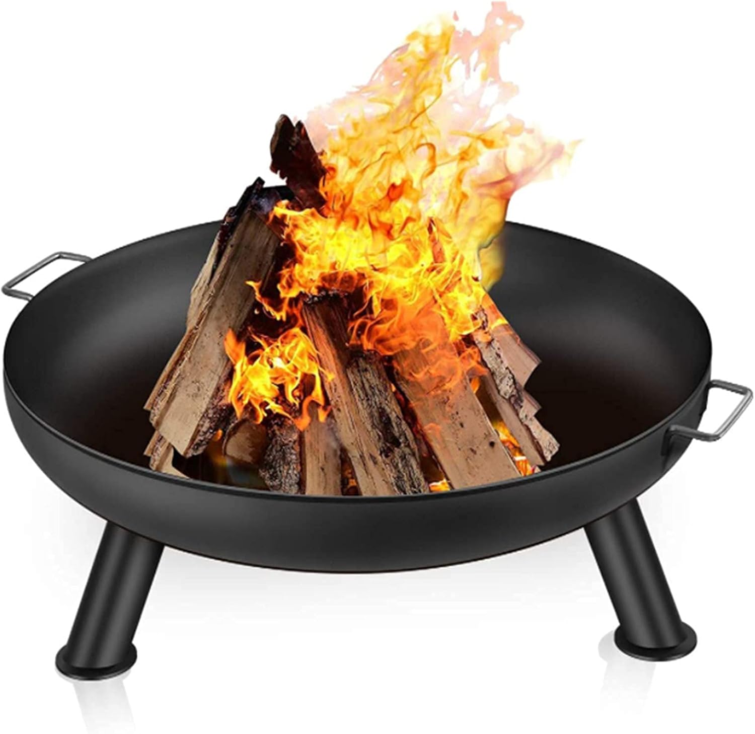 Fire Pit Outdoor Wood Burning Fire Bowl 28in with A Drain Hole Fireplace Extra Deep Large Round Cast Iron Outside Backyard Deck Camping Beach Heavy Duty Metal Grate Rustproof Black