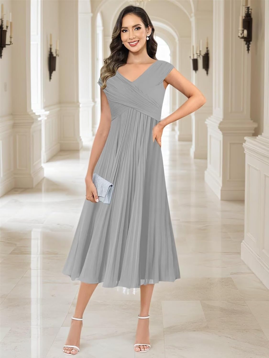 BANTRATIC Tea Length Mother of The Bride Dresses for Wedding Chiffon Cap Sleeve V Neck Pleated Formal Prom Gown with Belt