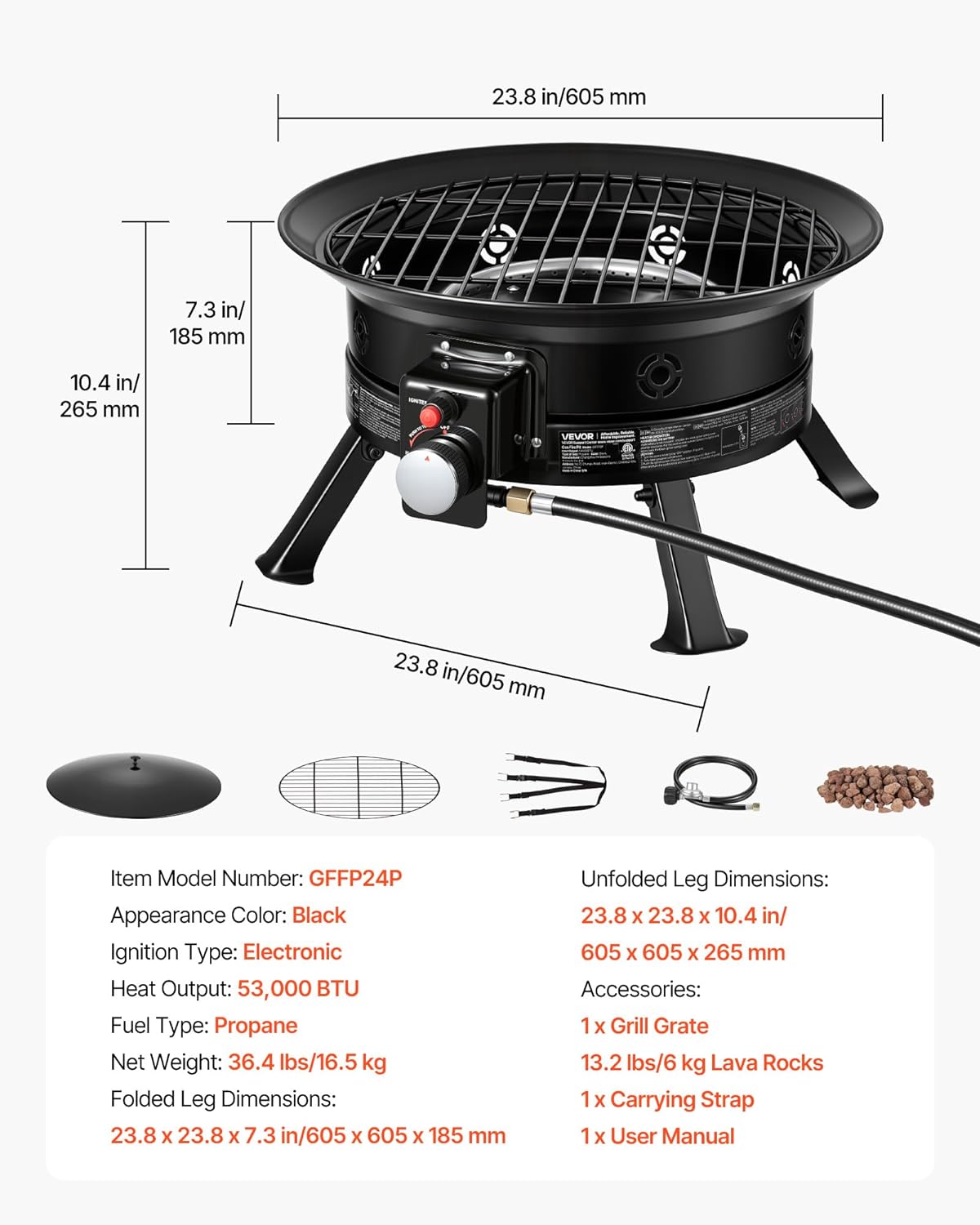 VEVOR Propane Fire Pit 24-Inch, 53,000 BTU Portable Gas Fire Pit, with Grill Grate & Lava Rocks, Adjustable Flame, Folding Legs,Smokeless Outdoor Firebowl for Camping, Patio, Backyard, Deck, RV, Black