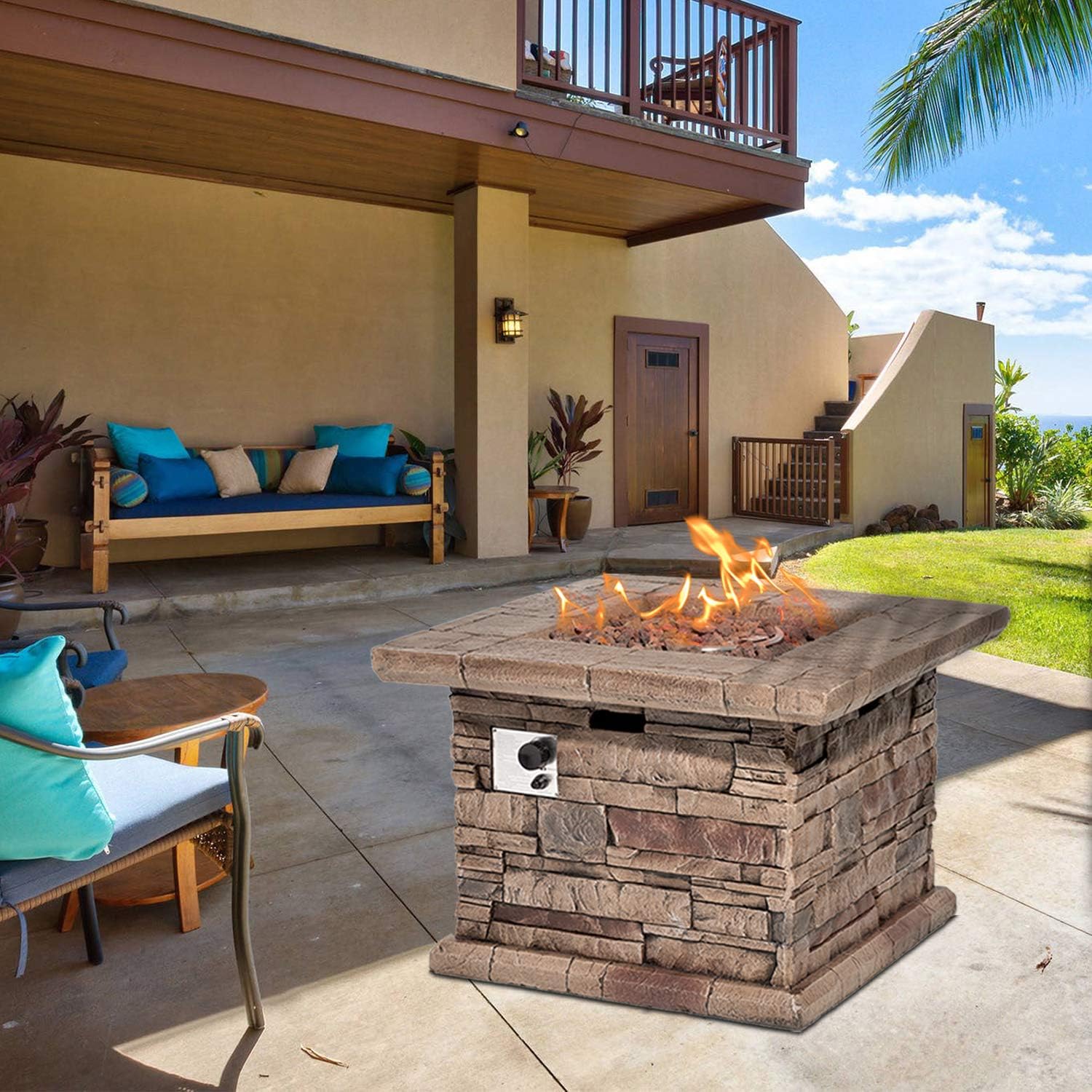 AQUILLA Outdoor Fire Pit w Stone Imitation Surface, 32 inch Square Table, 50,000 BTU Stainless Steel Burner, Free Lava Rocks, 20 Gal Propane Tank Could Set Inside (exclude) for Backyard