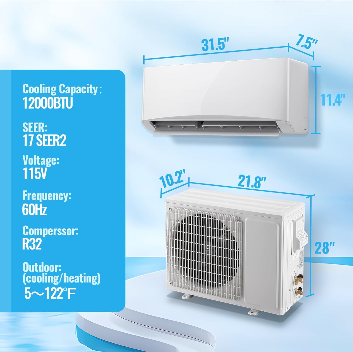 12000 BTU Mini Split Air Conditioner/Heater with Heat Pump 17 SEER2 115V Split AC Unit, Max Coverage Area Up to 750 Sq. Ft, Remote Control, Multiple Modes White