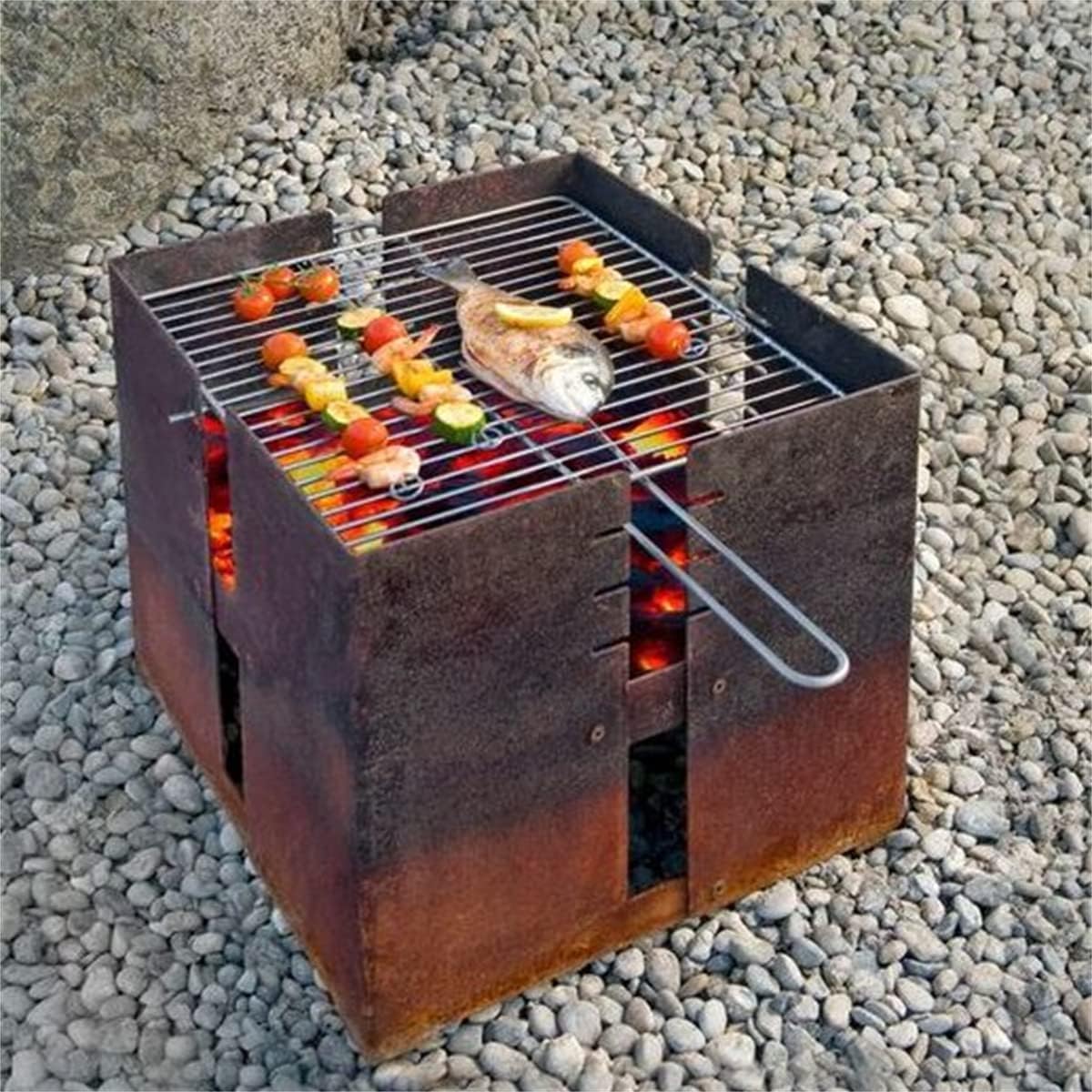 BBQ Grill Corten Steel Square Fire Pit Wood Charcoal Burning Patio Backyard Garden Picnic Outdoor Barbecue Bonfire Fireplace 17.7 inch Side Length