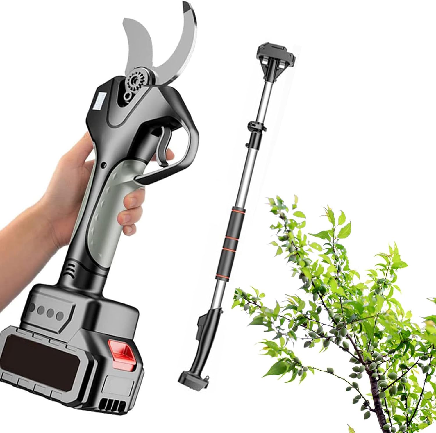 Electric Pruning Shears 2 Inch, Cordless Tree Pruner with 2x2000mA Rechargeable Battery, Power Scissors for Gardening, Trimming Branch, Bush (7 Foot High Reach Extension Rod),2*batteries